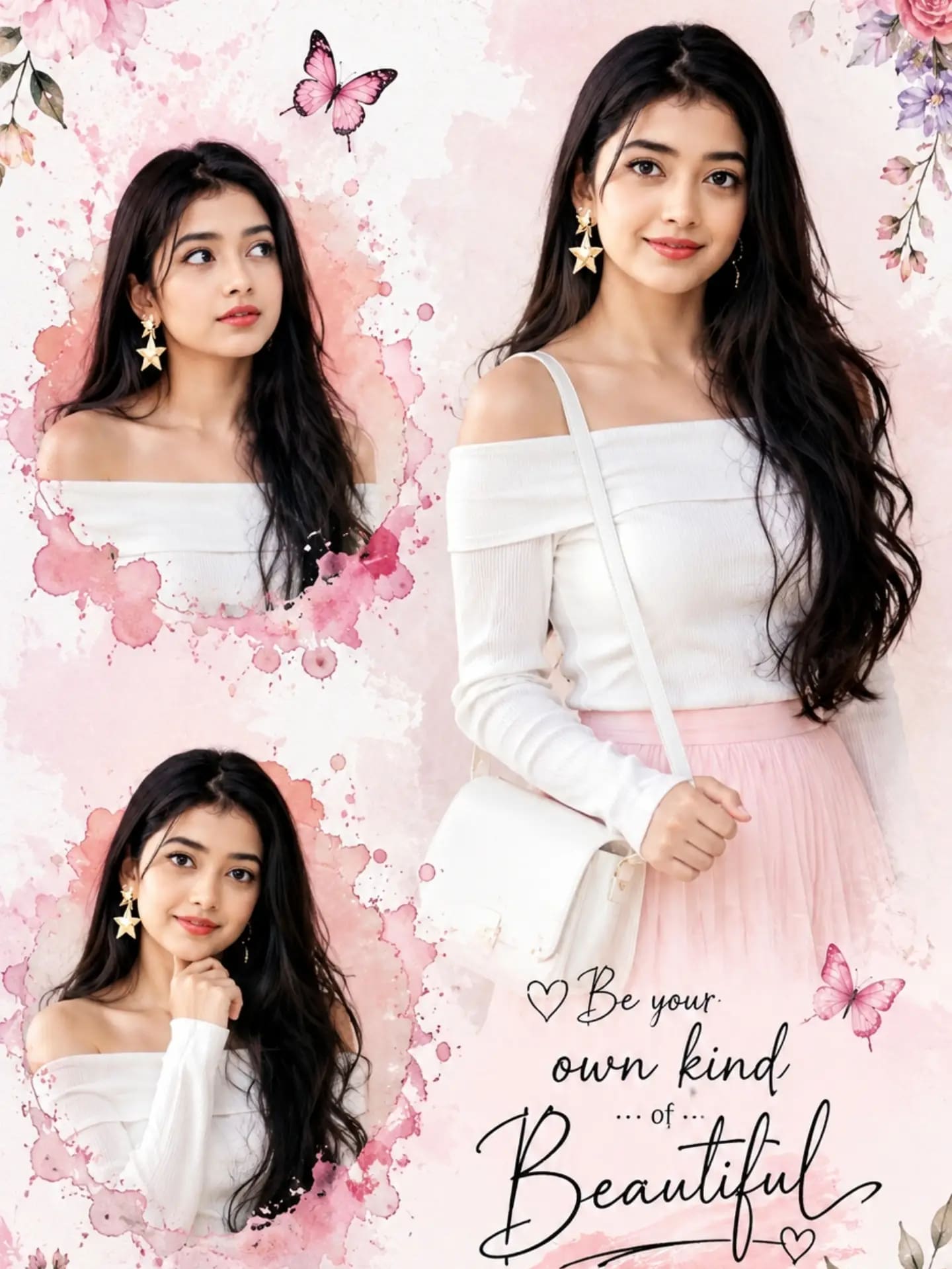 Soft Pink Scrapbook Collage — Indian Girl Portrait – woman in a photo studio, AI image made with Nano Banana Pro