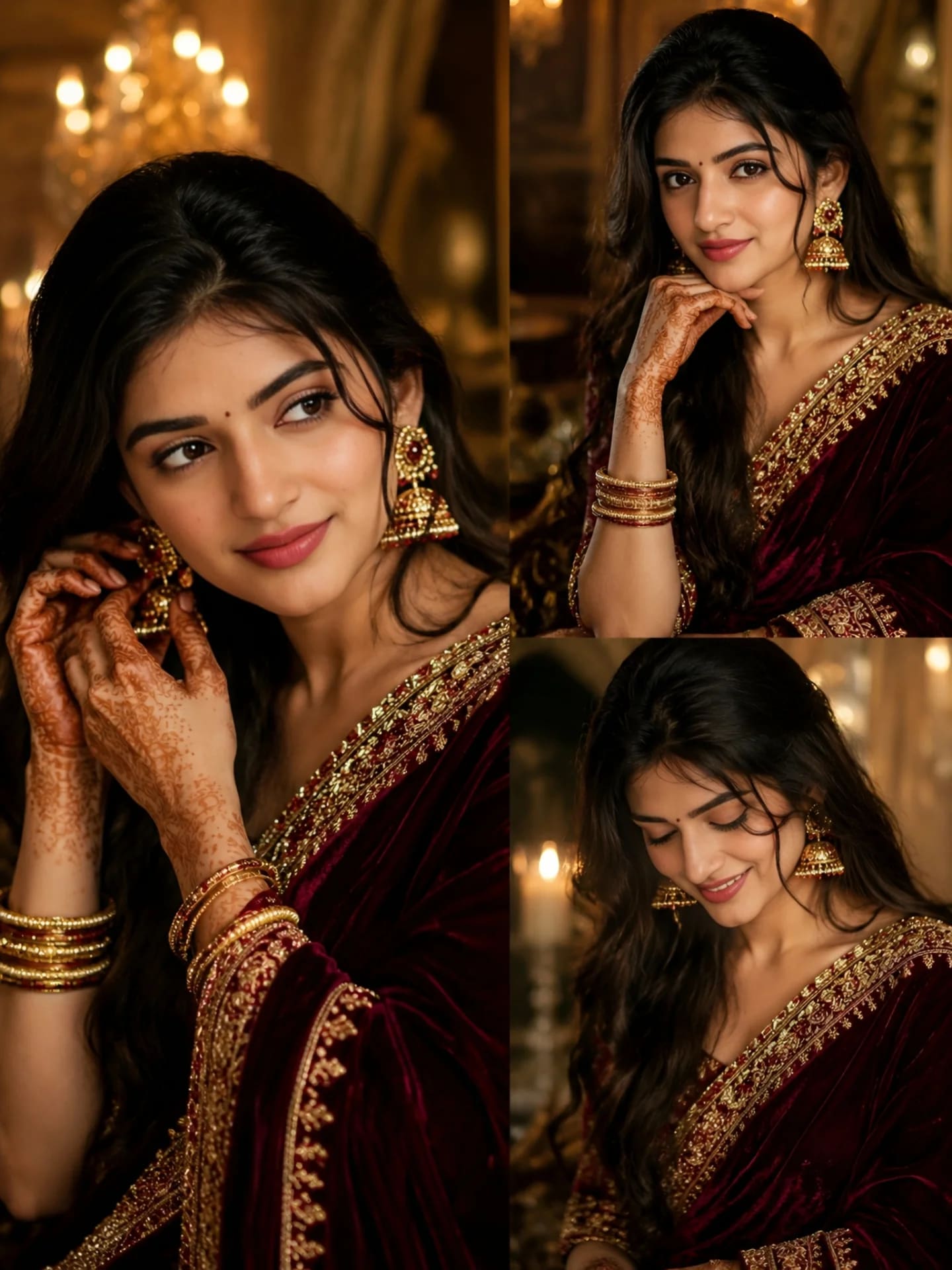 Maroon Velvet Saree Indian Collage – woman in a saree in an open field, AI image made with ChatGPT