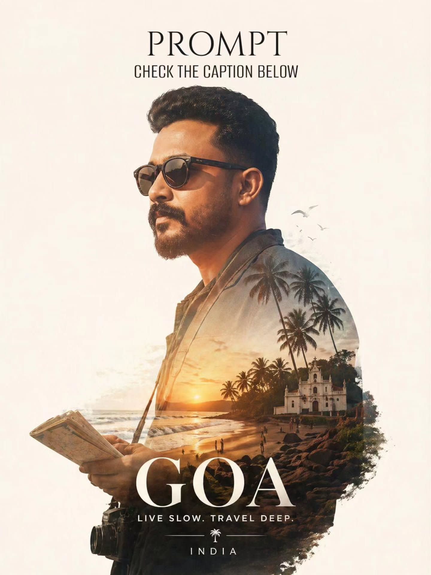 Minimalist Double Exposure GOA Travel Poster – in a beach, AI image made with ChatGPT