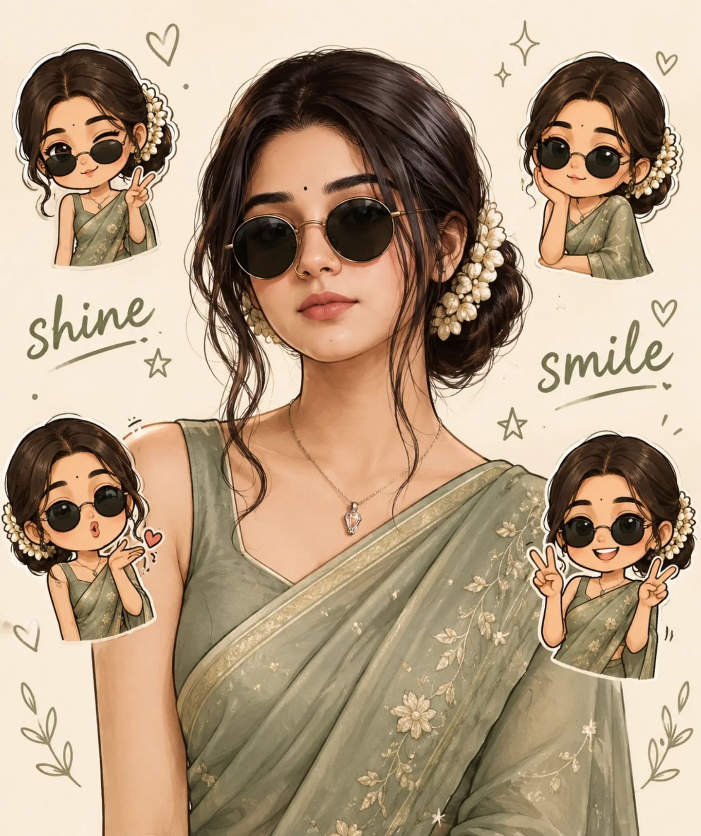 Sage Green Saree Chibi Indian Illustration – woman in a saree, AI image made with ChatGPT