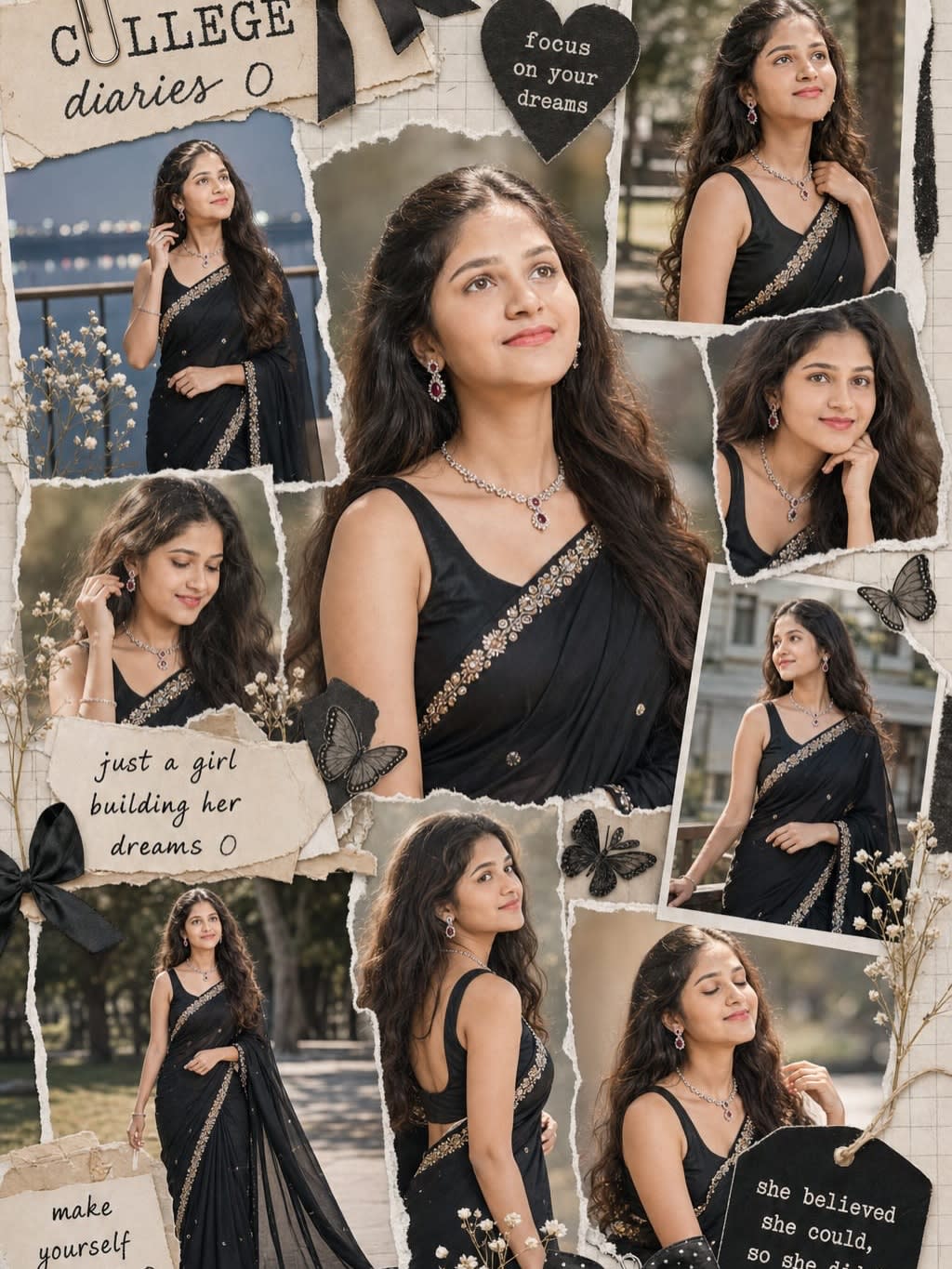 Black Saree Scrapbook Collage — Indian Portrait – woman in a saree, AI image made with Nano Banana Pro