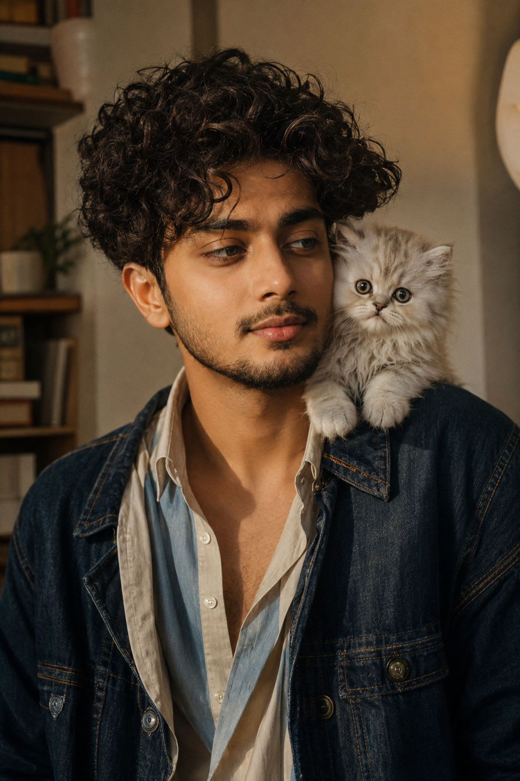 Cinematic Curly Hair Portrait With Persian Kitten – man in a jacket in an open field, AI image made with ChatGPT