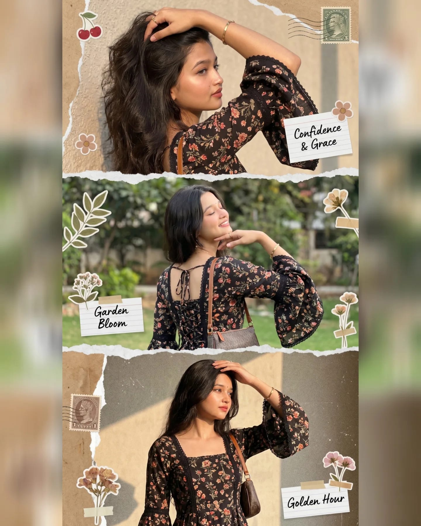 Vintage Scrapbook Garden Collage — Indian Girl – woman in a dress in a garden, AI image made with ChatGPT