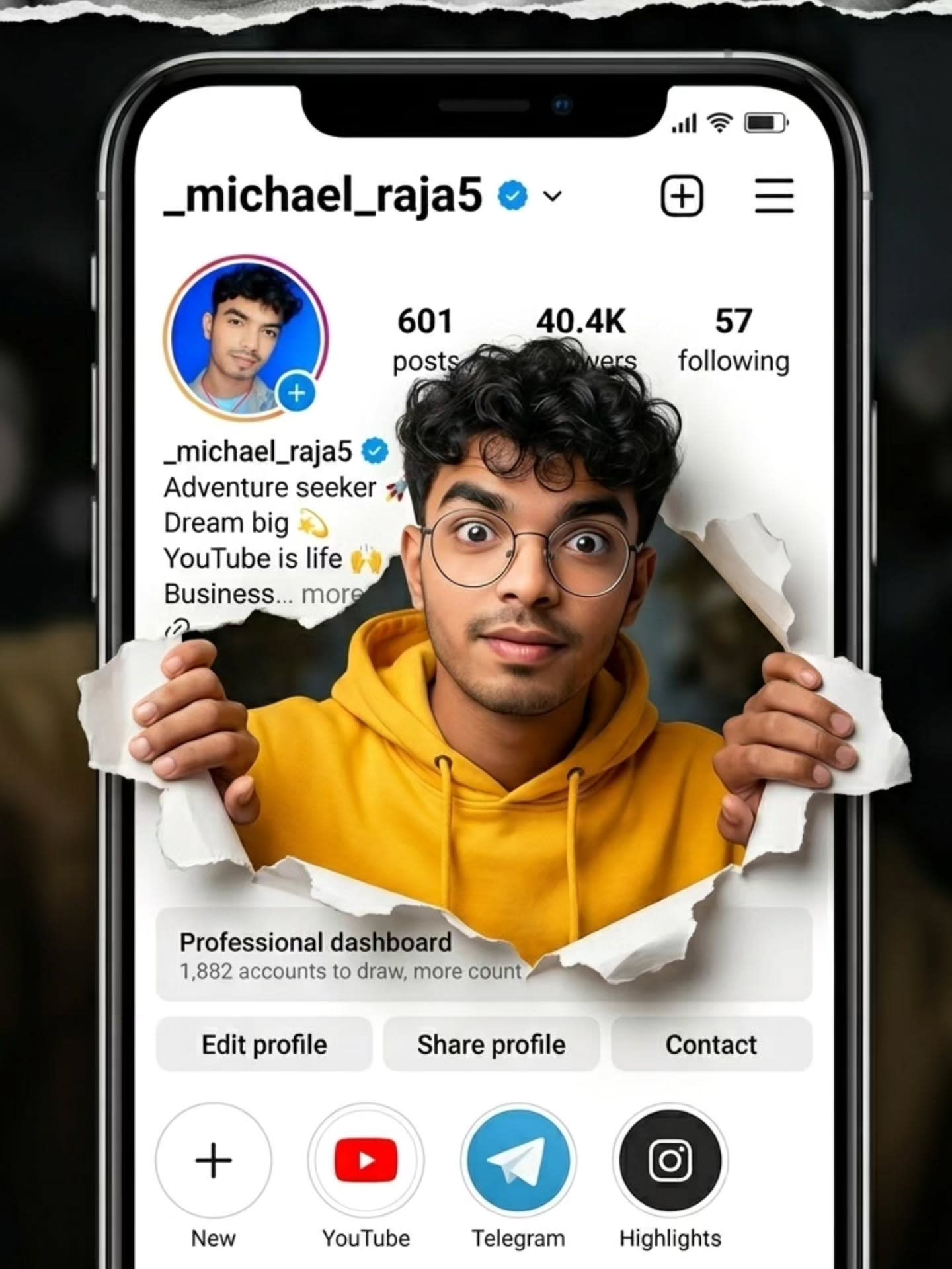 3D Social Media Profile Tear Effect Portrait – man in a hoodie in an open field, AI image made with Nano Banana Pro