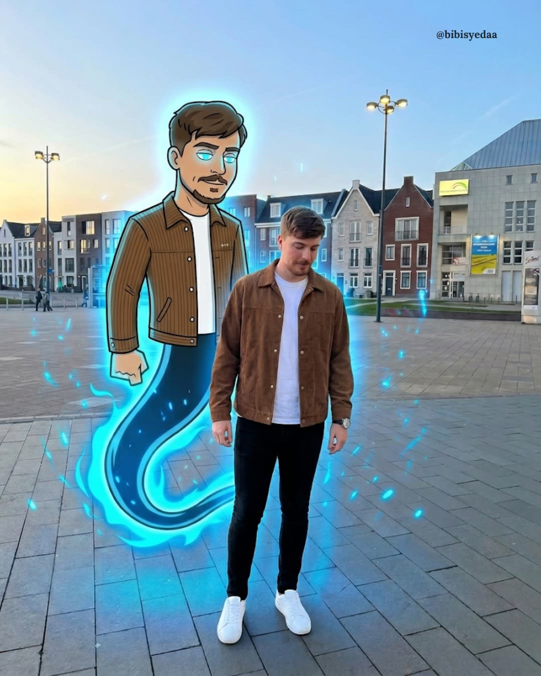 Cinematic Ghost Spirit City Plaza Portrait – man in a jacket in a city street, AI image made with Nano Banana Pro