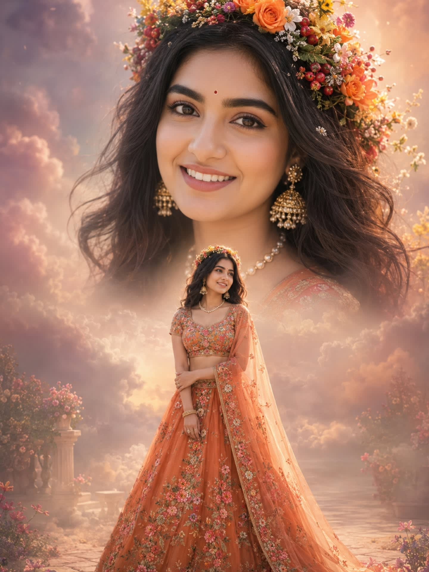 Indian Floral Lehenga Portrait – woman in a lehenga in an open field, AI image made with Nano Banana Pro