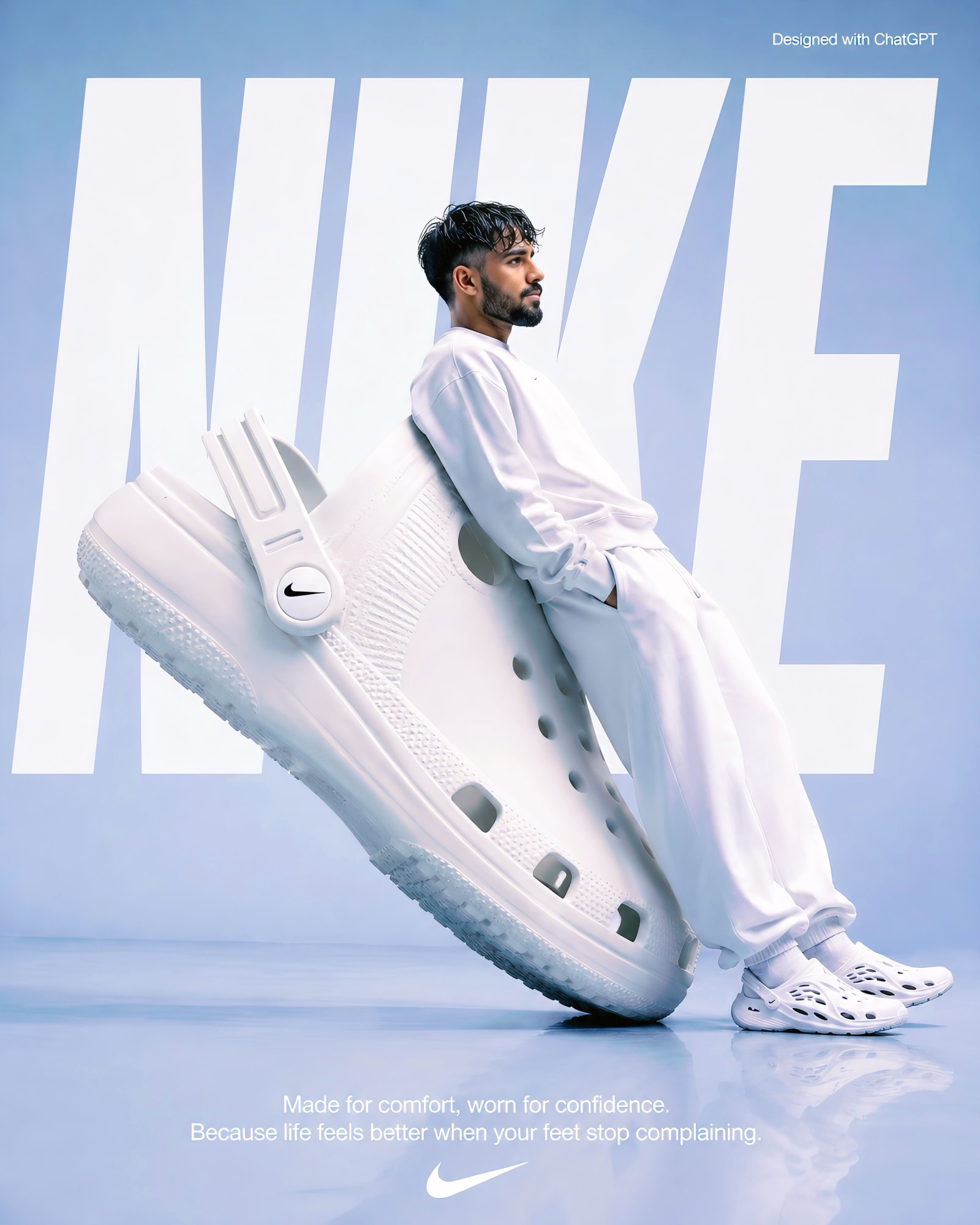 Surreal Nike Studio Fashion Campaign – man in streetwear in a photo studio, AI image made with Nano Banana Pro