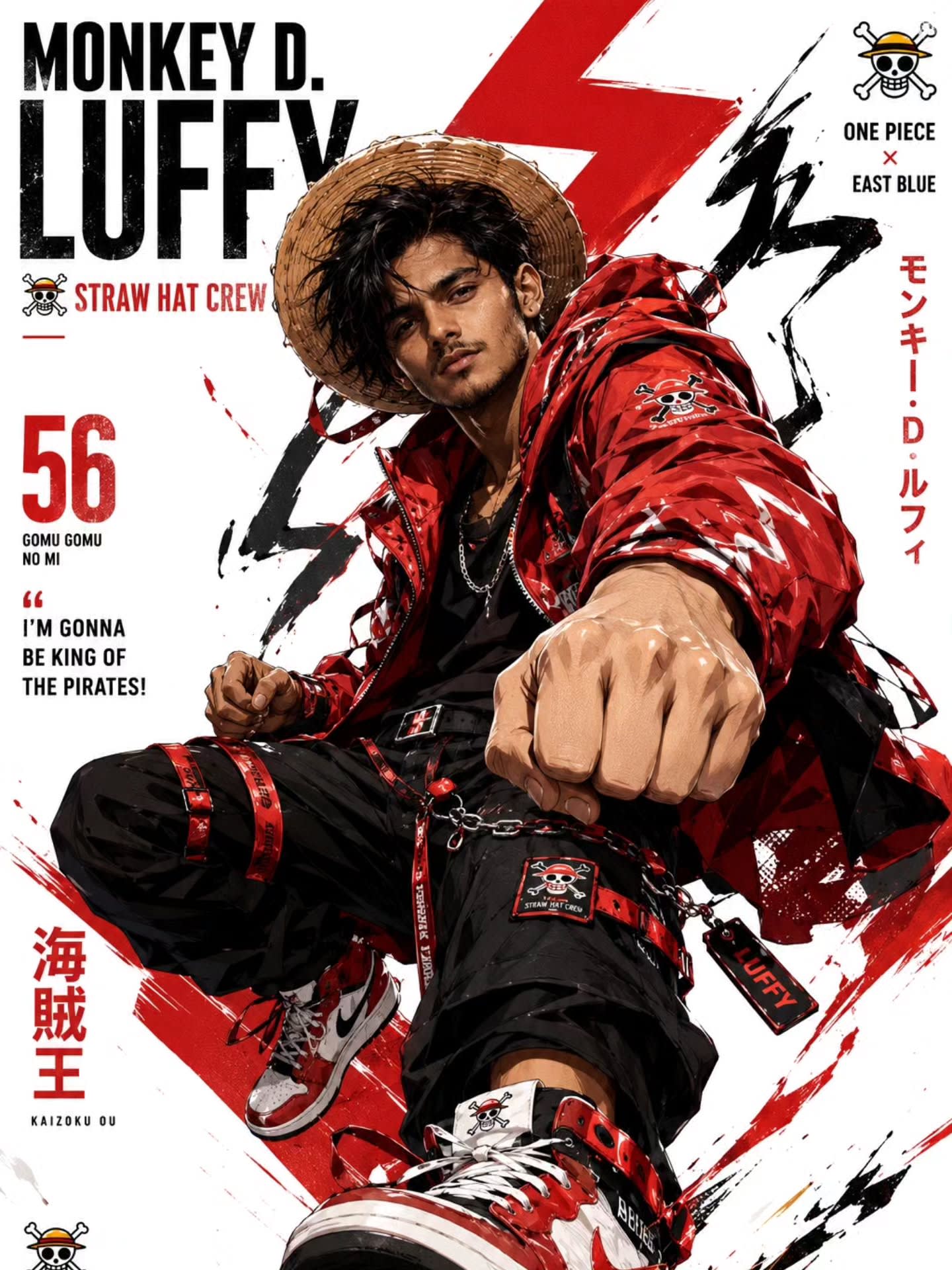 Luffy Techwear Anime Streetwear Cinematic Poster – man in a jacket in a city street, AI image made with ChatGPT