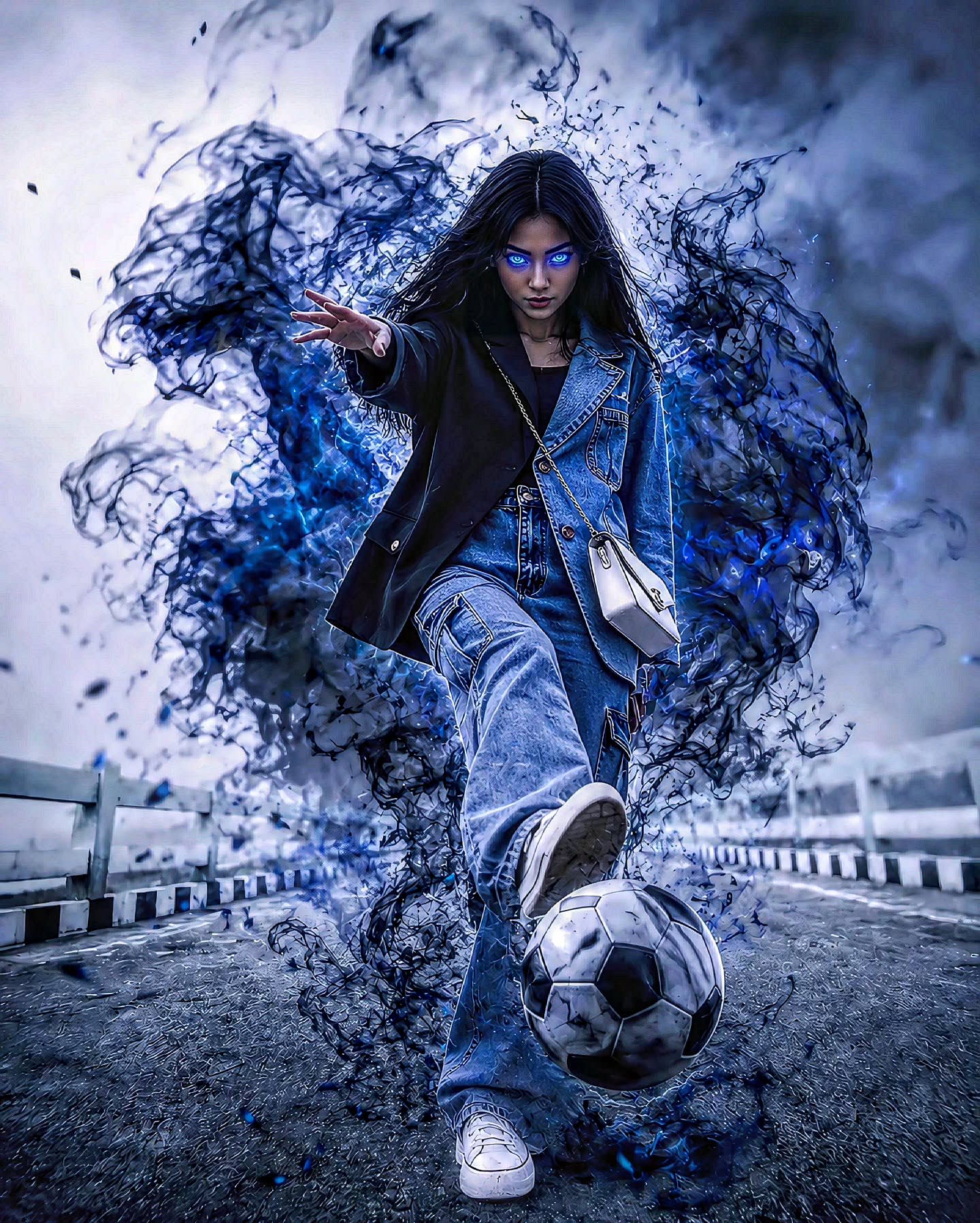 Blue Lock Shadow Aura Streetwear Fantasy Portrait – woman in a blazer in an open field, AI image made with Nano Banana Pro