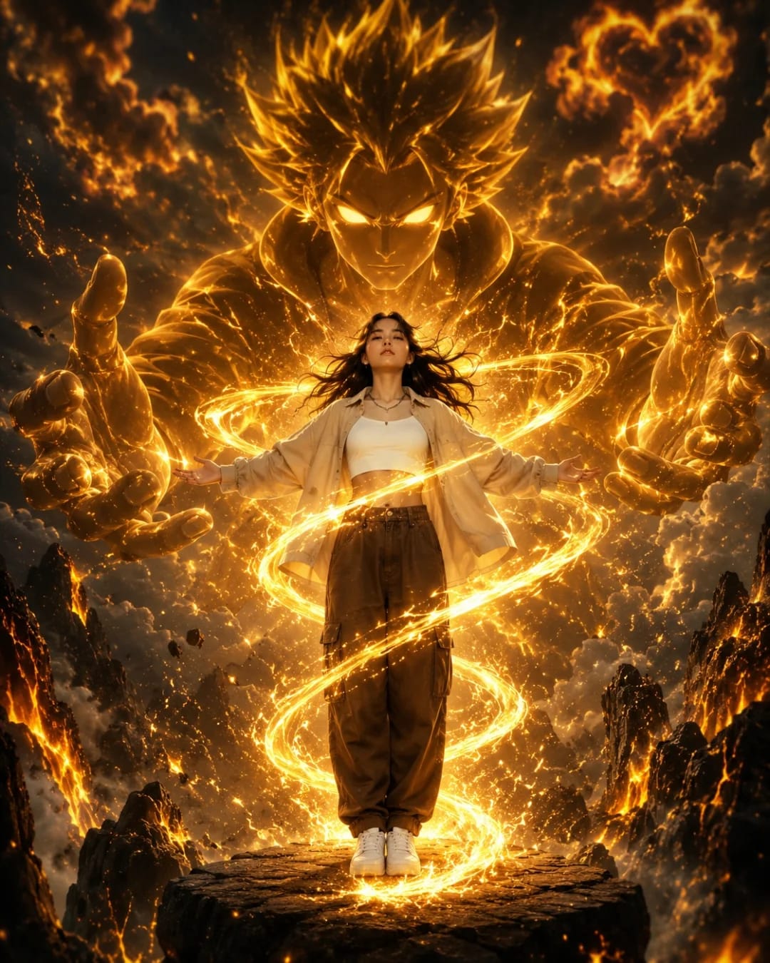 Golden Guardian Fantasy Anime Cinematic Poster – woman in a crop top, AI image made with Nano Banana Pro