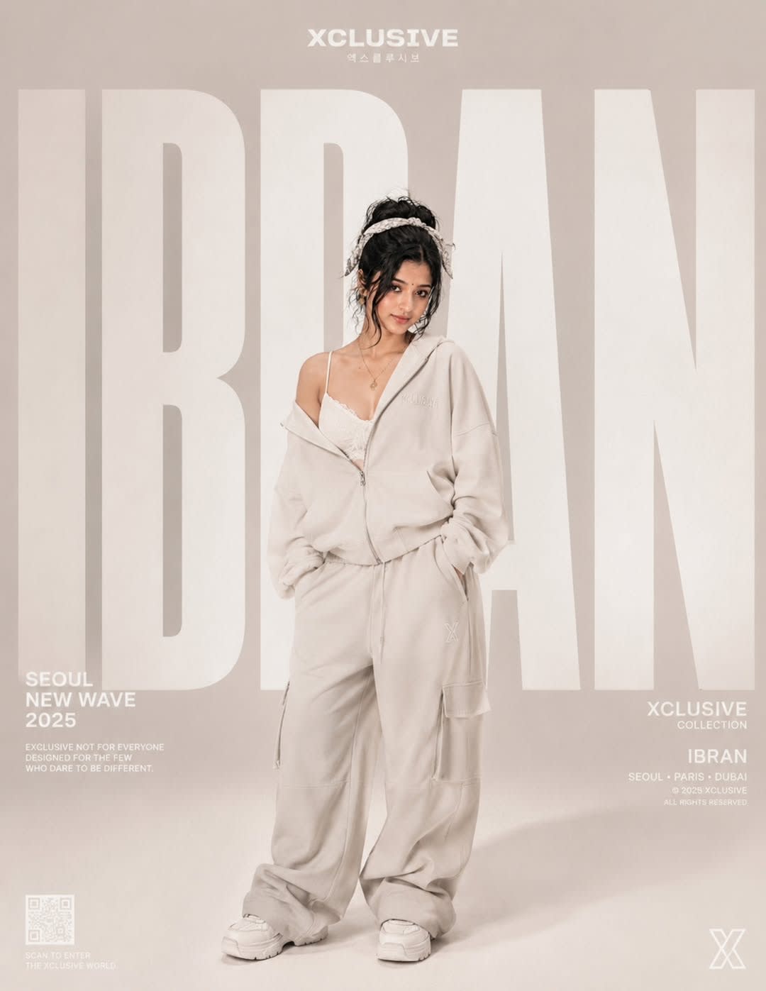 XCLUSIVE Korean Luxury Streetwear Editorial Poster – in a photo studio, AI image made with Nano Banana Pro