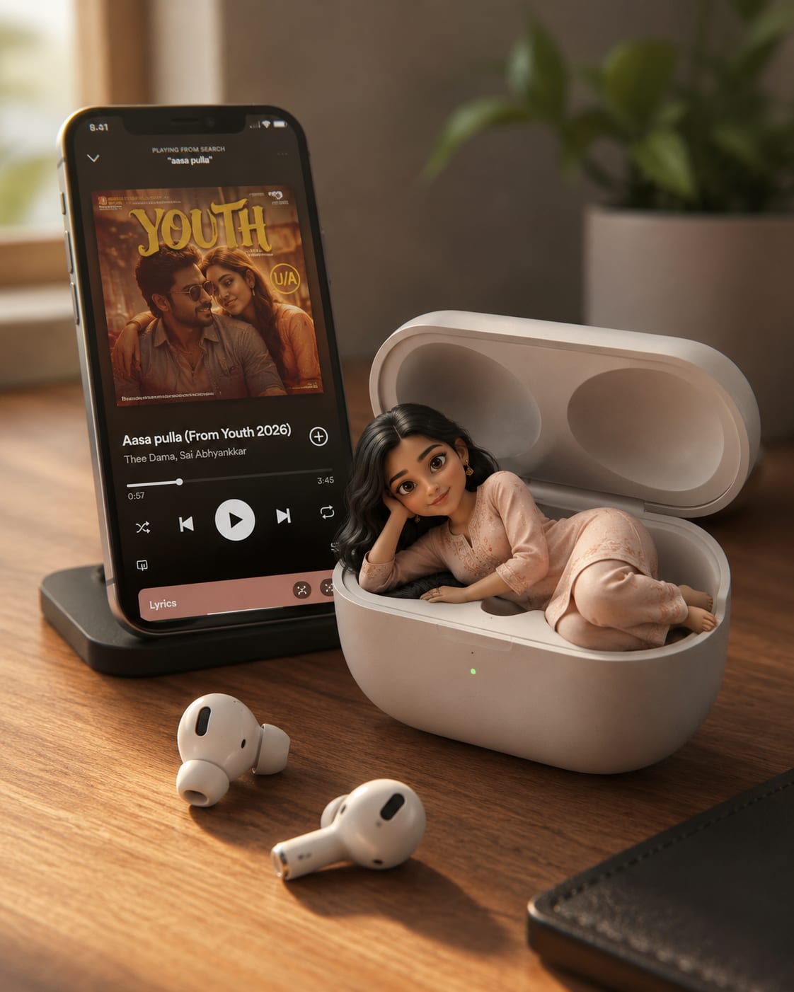 Indian Girl Earbuds 3D Figurine – woman in an open field, AI image made with ChatGPT