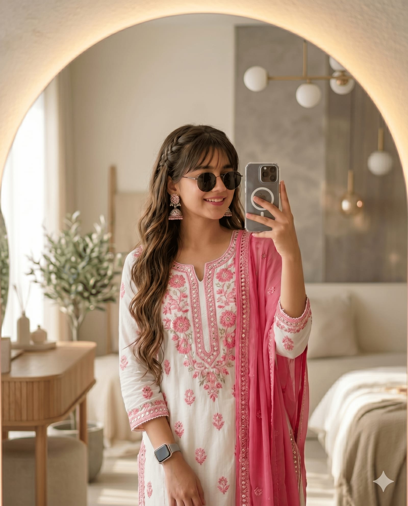 Indian Girl White Kurta Mirror Selfie – woman in a kurta, AI image made with Nano Banana Pro