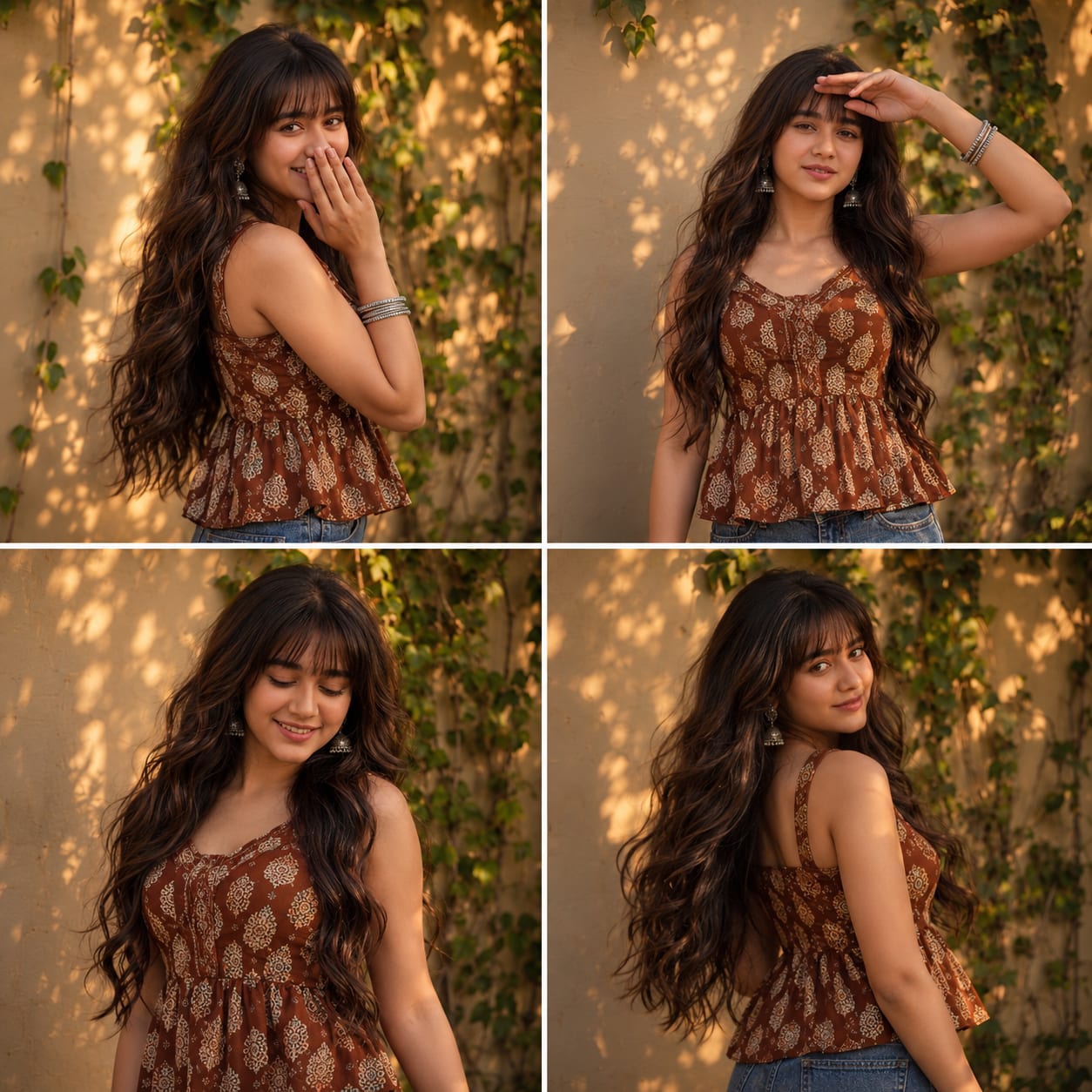 Indian 4-Panel Golden Hour Grid – woman in denim in an open field, AI image made with ChatGPT