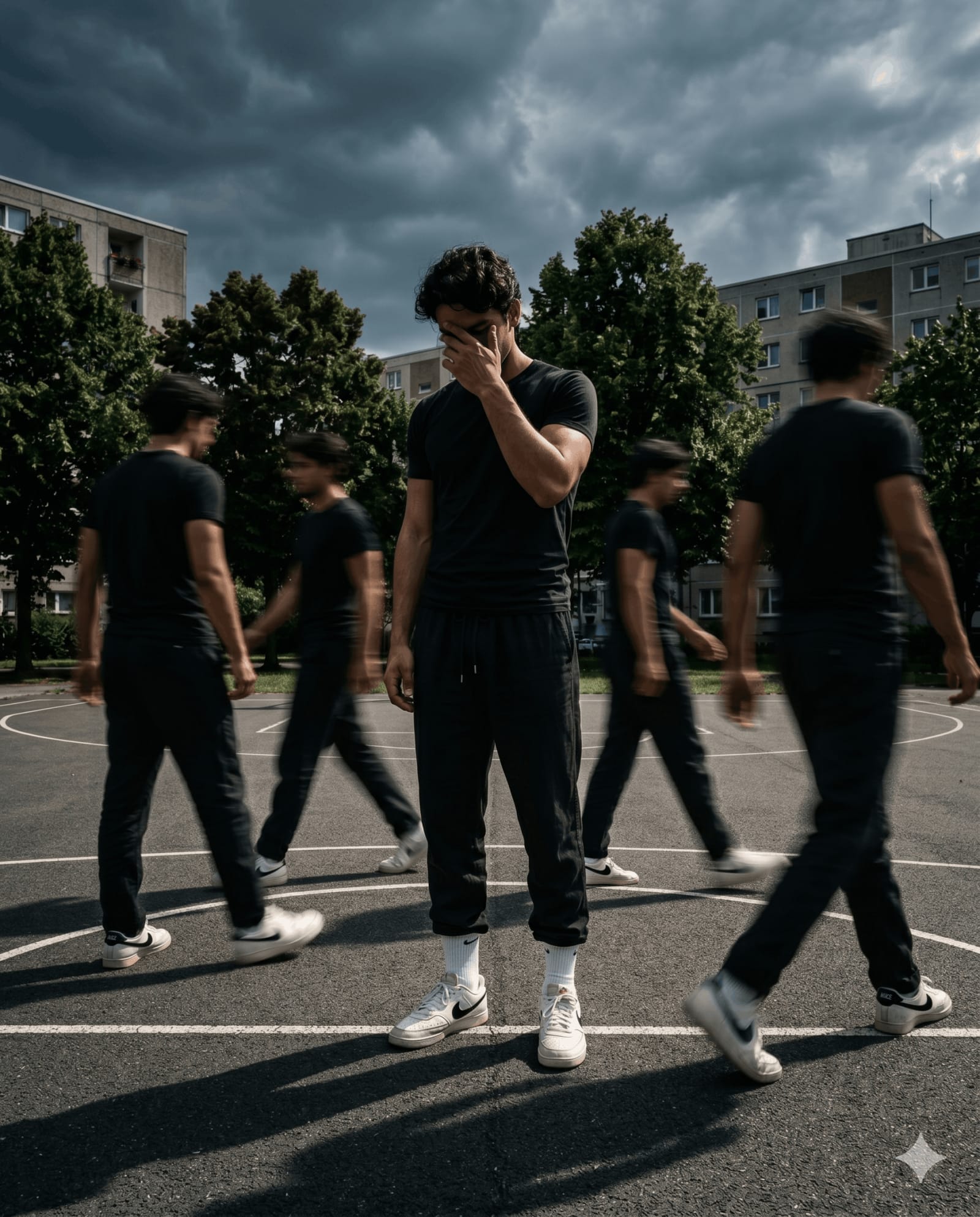 Basketball Court Motion Clone Poster – man in streetwear in an open field, AI image made with Nano Banana Pro