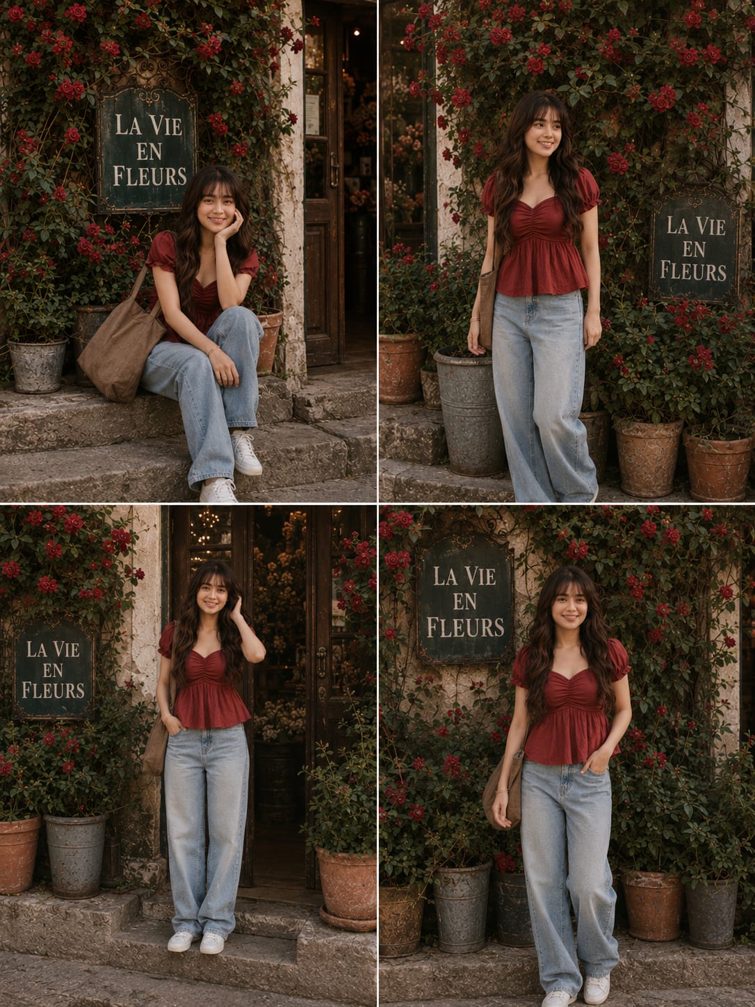 Vintage Film 4-Panel Collage – woman in denim, AI image made with ChatGPT
