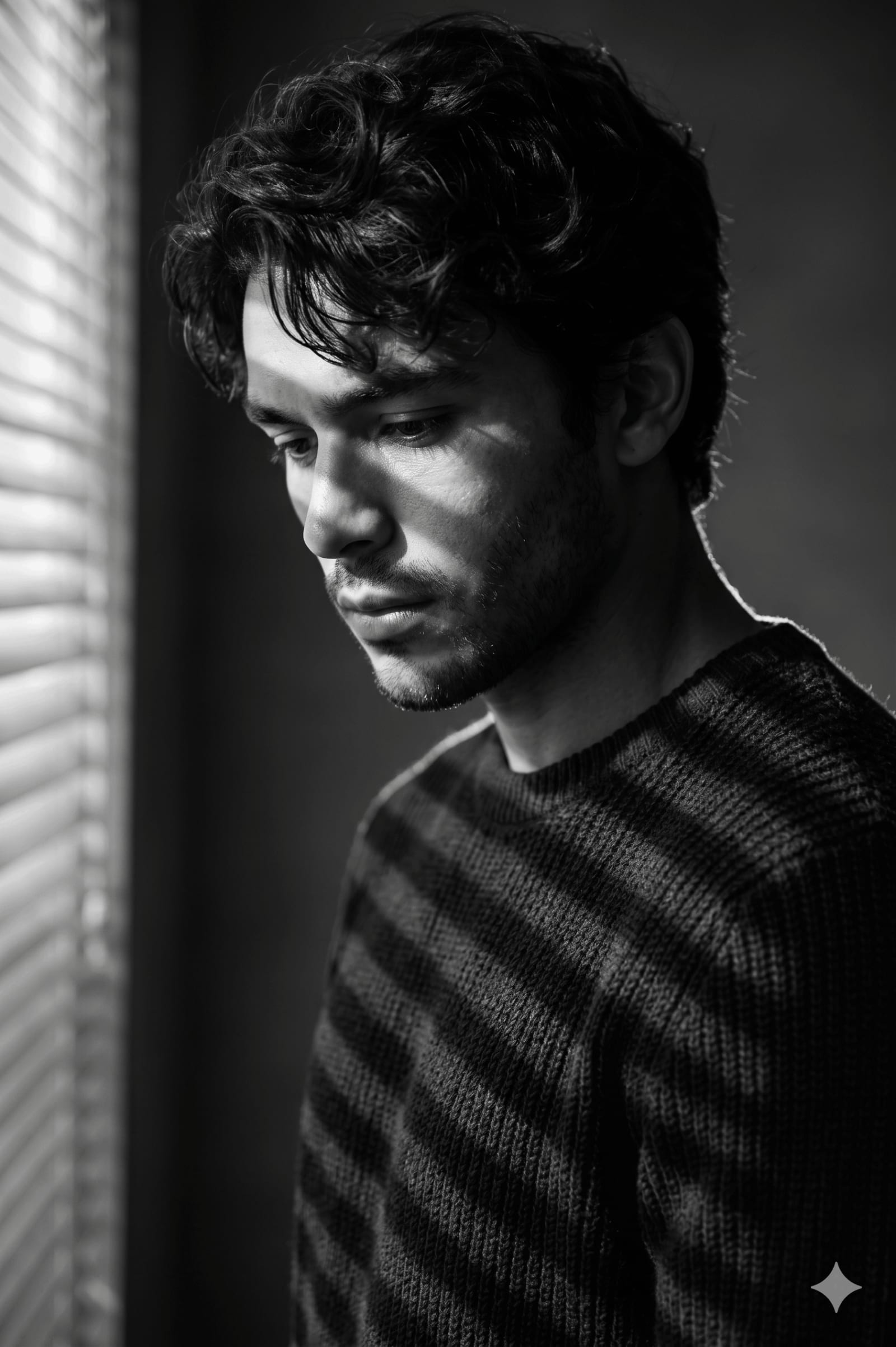 Film Noir B&W Cinematic Male Portrait — Moody Shadow Editorial – man in a sweater in a photo studio, AI image made with Nano