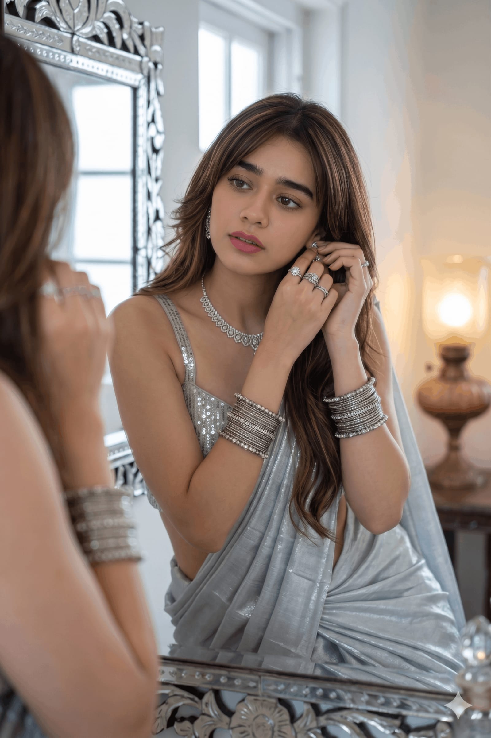 Silver Sequin Saree Mirror Selfie – woman in a saree in an open field, AI image made with Nano Banana Pro