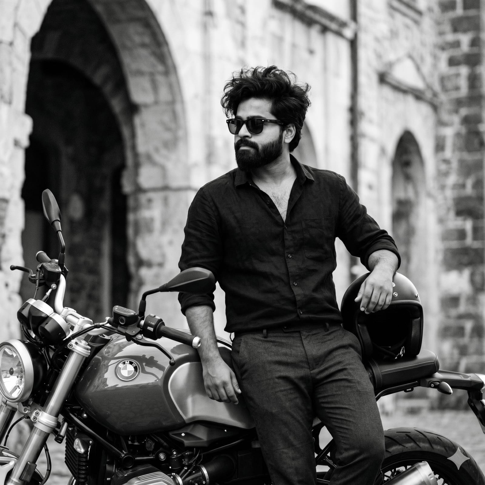 B&W Motorcycle Fashion Portrait – man in sunglasses in a city street, AI image made with Nano Banana Pro