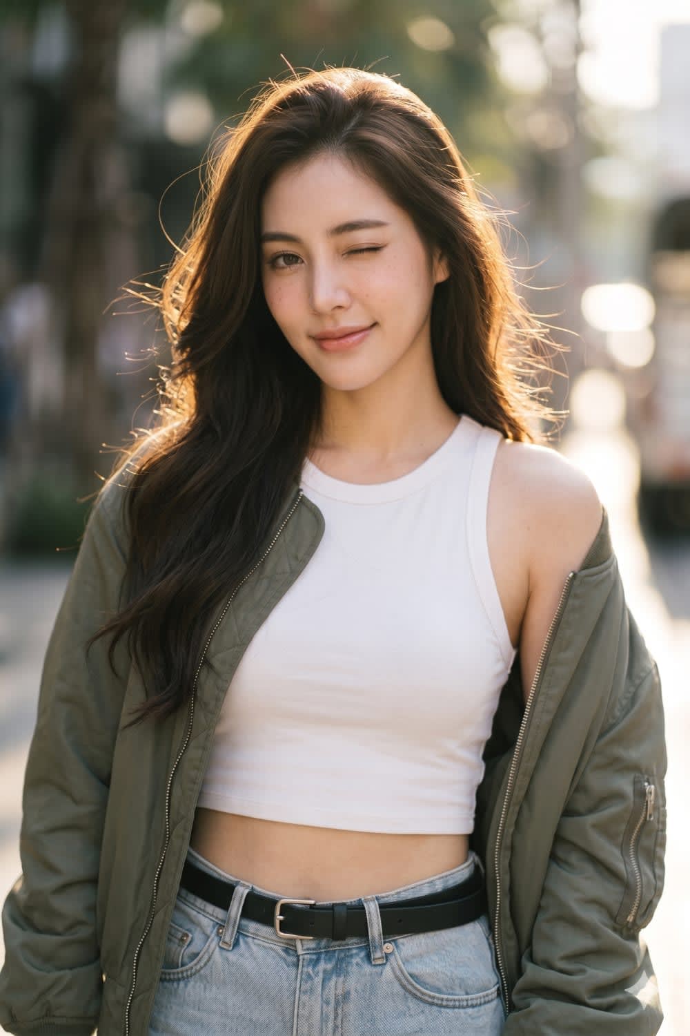 Playful Wink Film Photography – woman in a jacket in a city street, AI image made with Nano Banana Pro