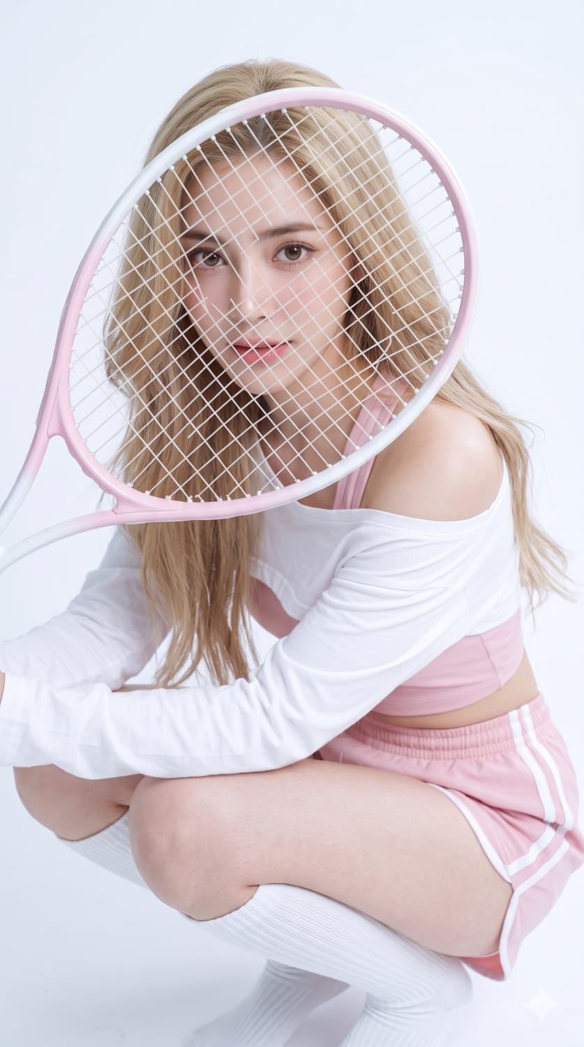 K-Pop Idol Tennis Pastel Studio – woman in a crop top in a photo studio, AI image made with Nano Banana Pro