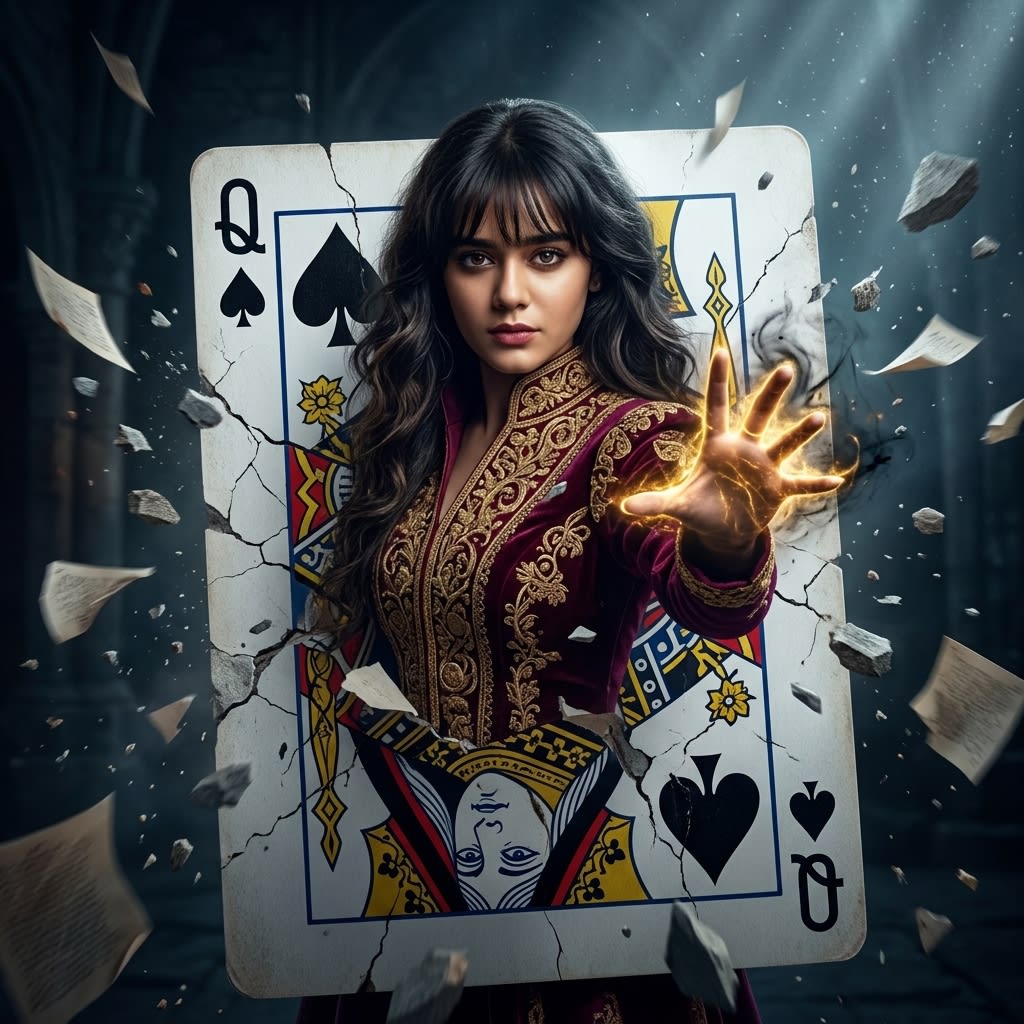 Indian Woman Fantasy Sorcerer Movie Poster Portrait – woman in a jacket in an open field, AI image made with Nano Banana Pro
