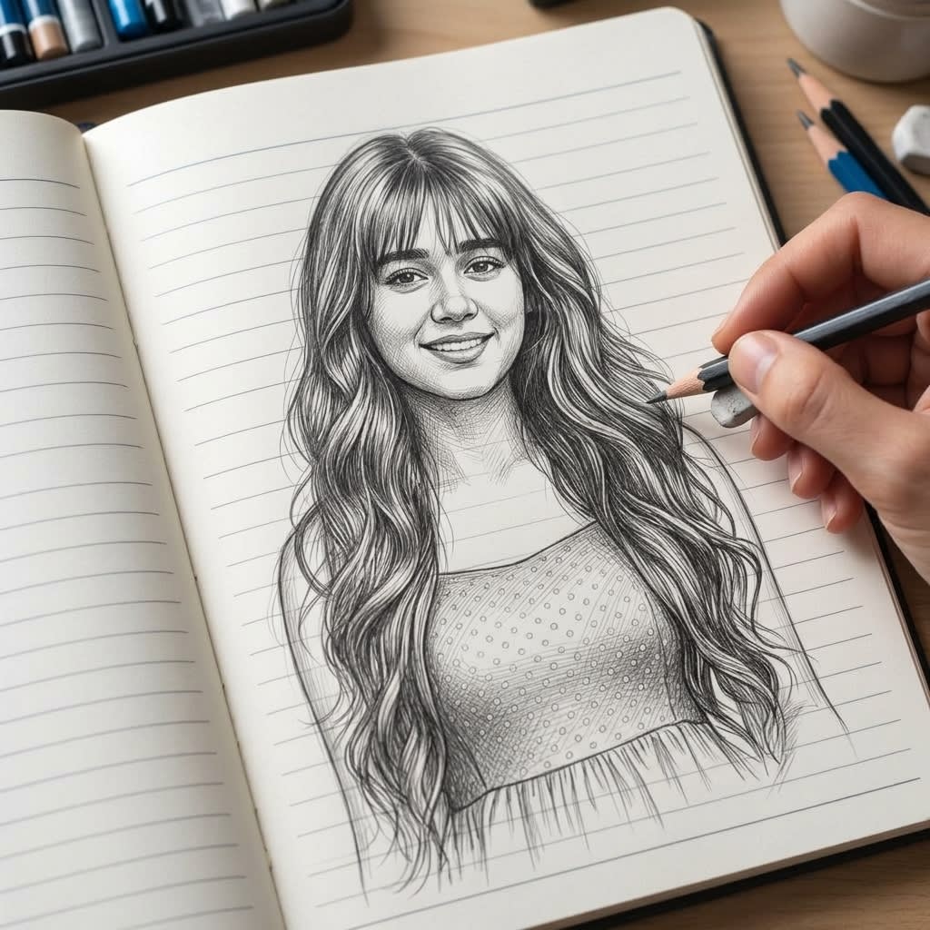 Indian Woman Pencil Sketch Portrait – woman, AI image made with Nano Banana Pro