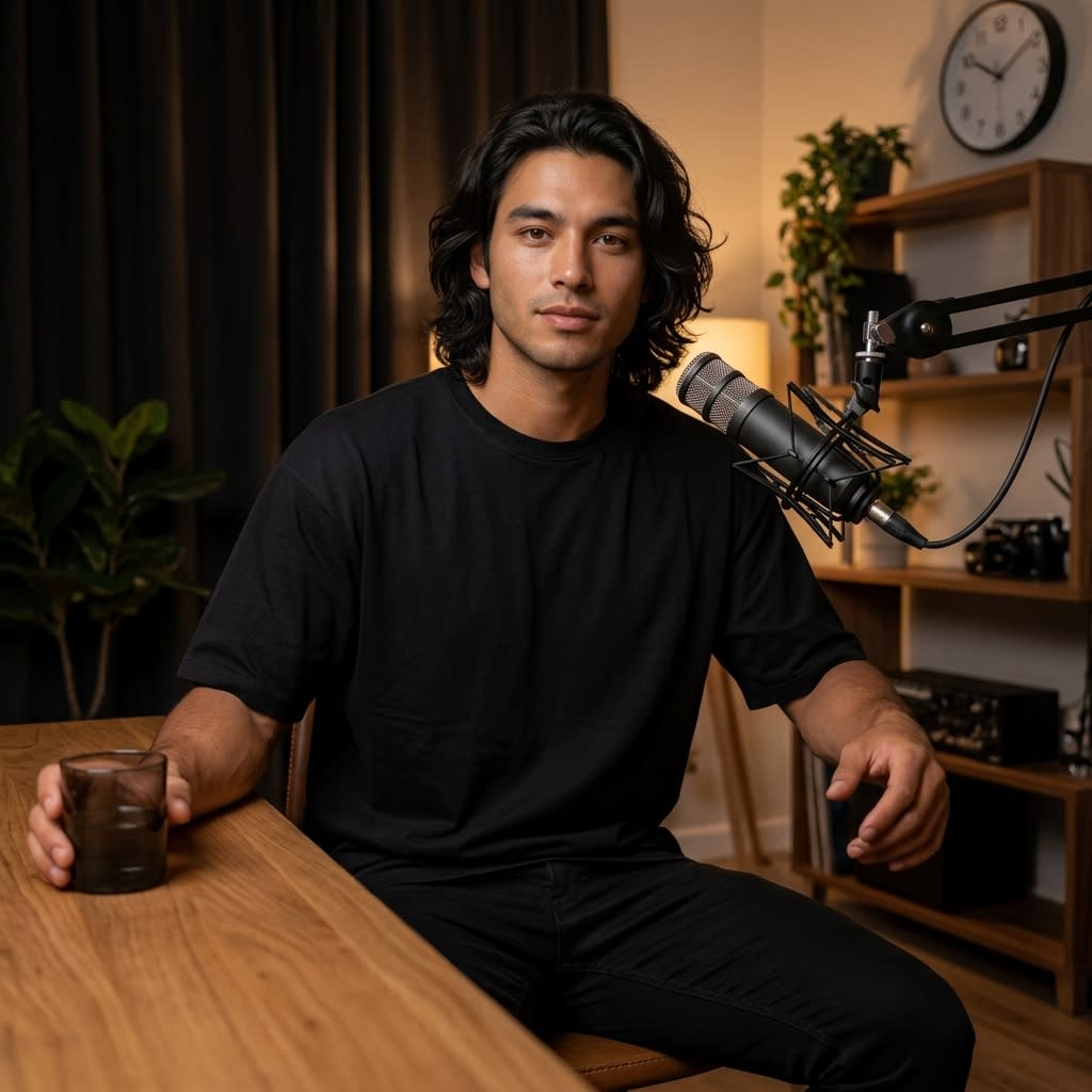 Korean Man Seated at Wooden Table Studio Portrait – man in a t-shirt in a photo studio, AI image made with Nano Banana Pro