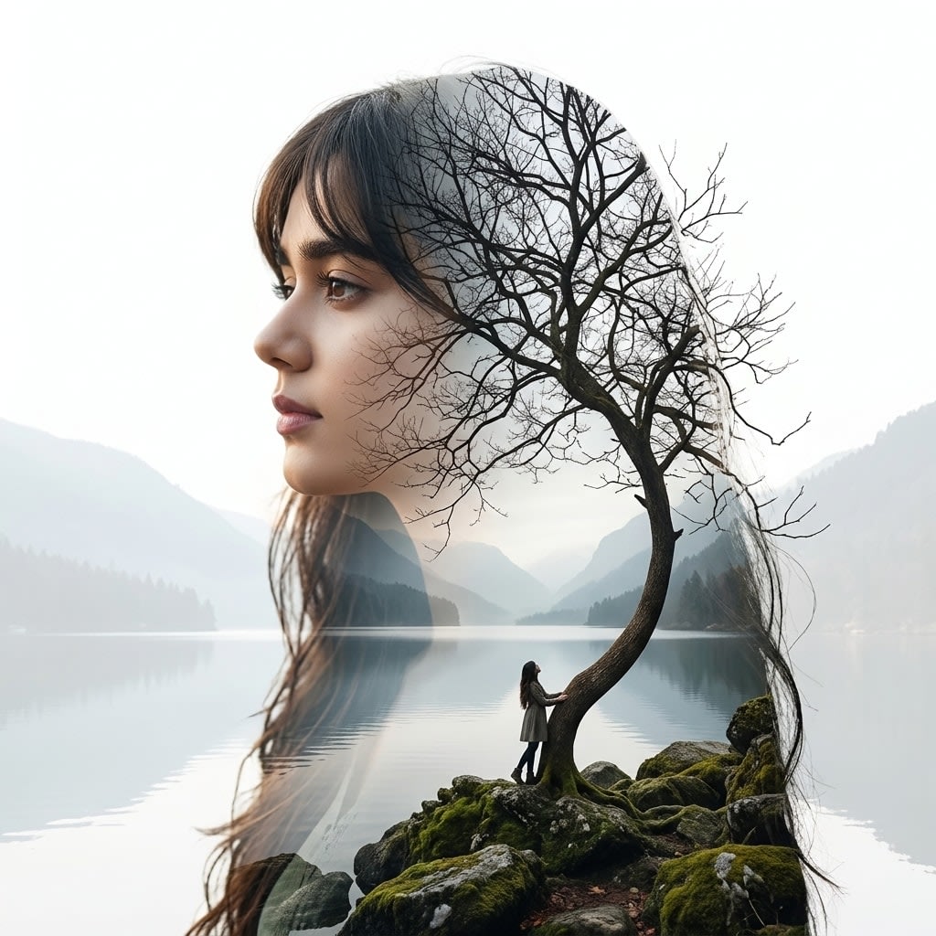 Indian Woman Double Exposure Portrait with Tree Branches – woman, AI image made with Nano Banana Pro