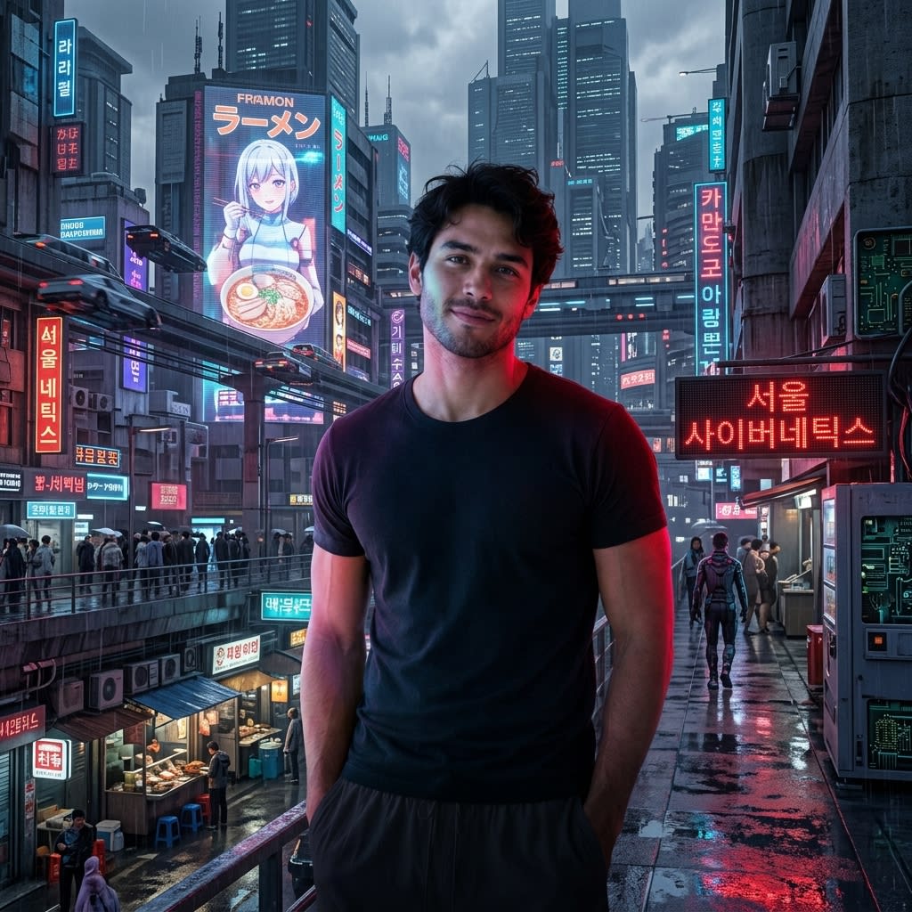 Korean Man in Cyberpunk City Portrait – man, AI image made with Nano Banana Pro