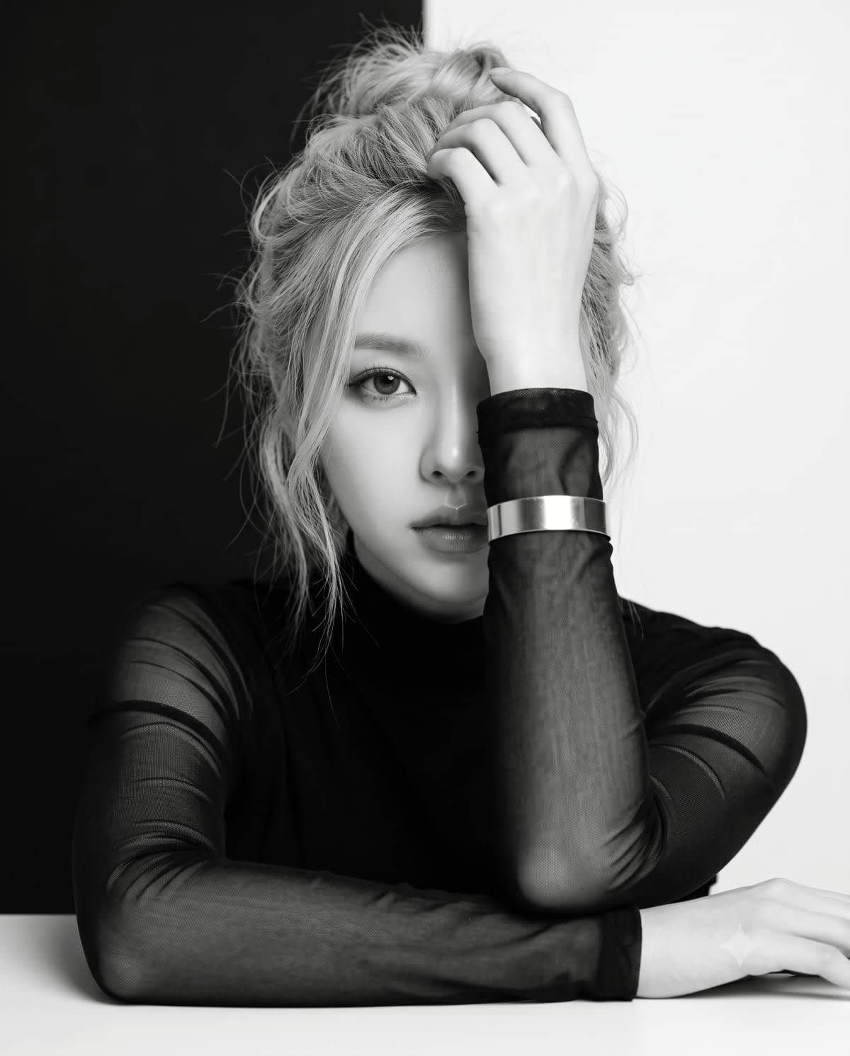Split Black-White Studio Portrait – woman in a dress in a photo studio, AI image made with Nano Banana Pro