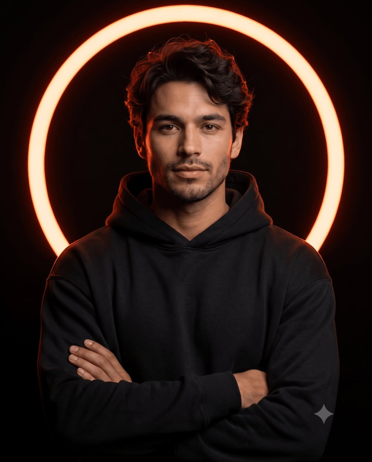 Orange Ring Halo Hoodie Portrait – man in a hoodie in a photo studio, AI image made with Nano Banana Pro