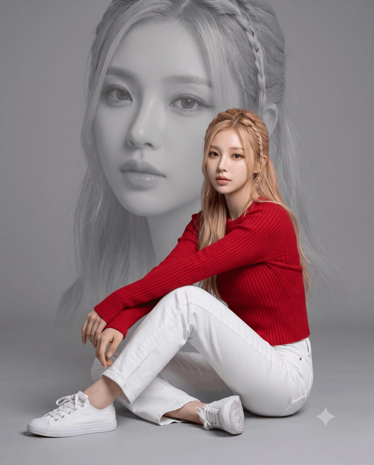Monochrome Double Exposure Studio Portrait – woman in denim in a photo studio, AI image made with Nano Banana Pro