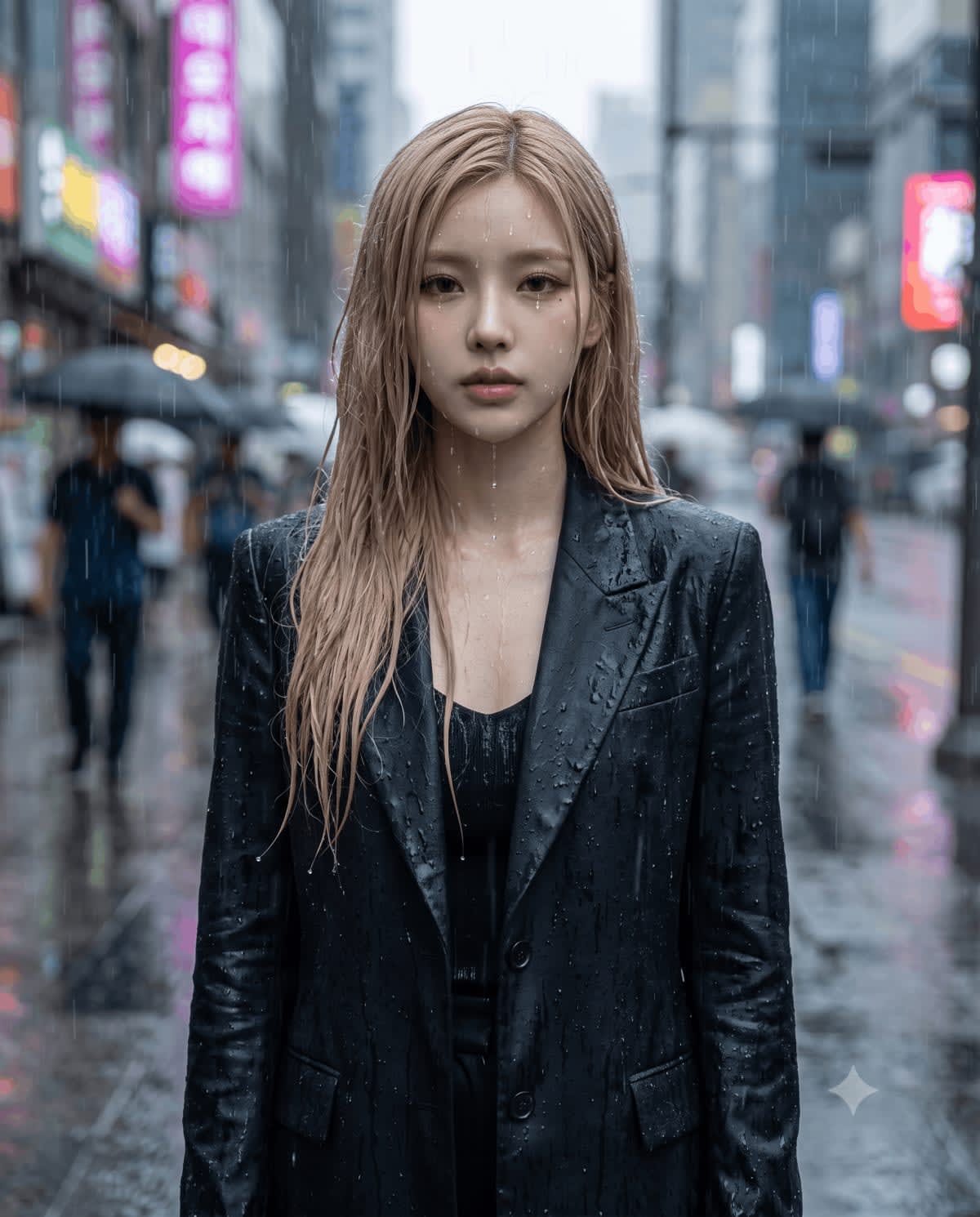 Rain-Drenched City Portrait – in a rainy street, AI image made with Nano Banana Pro
