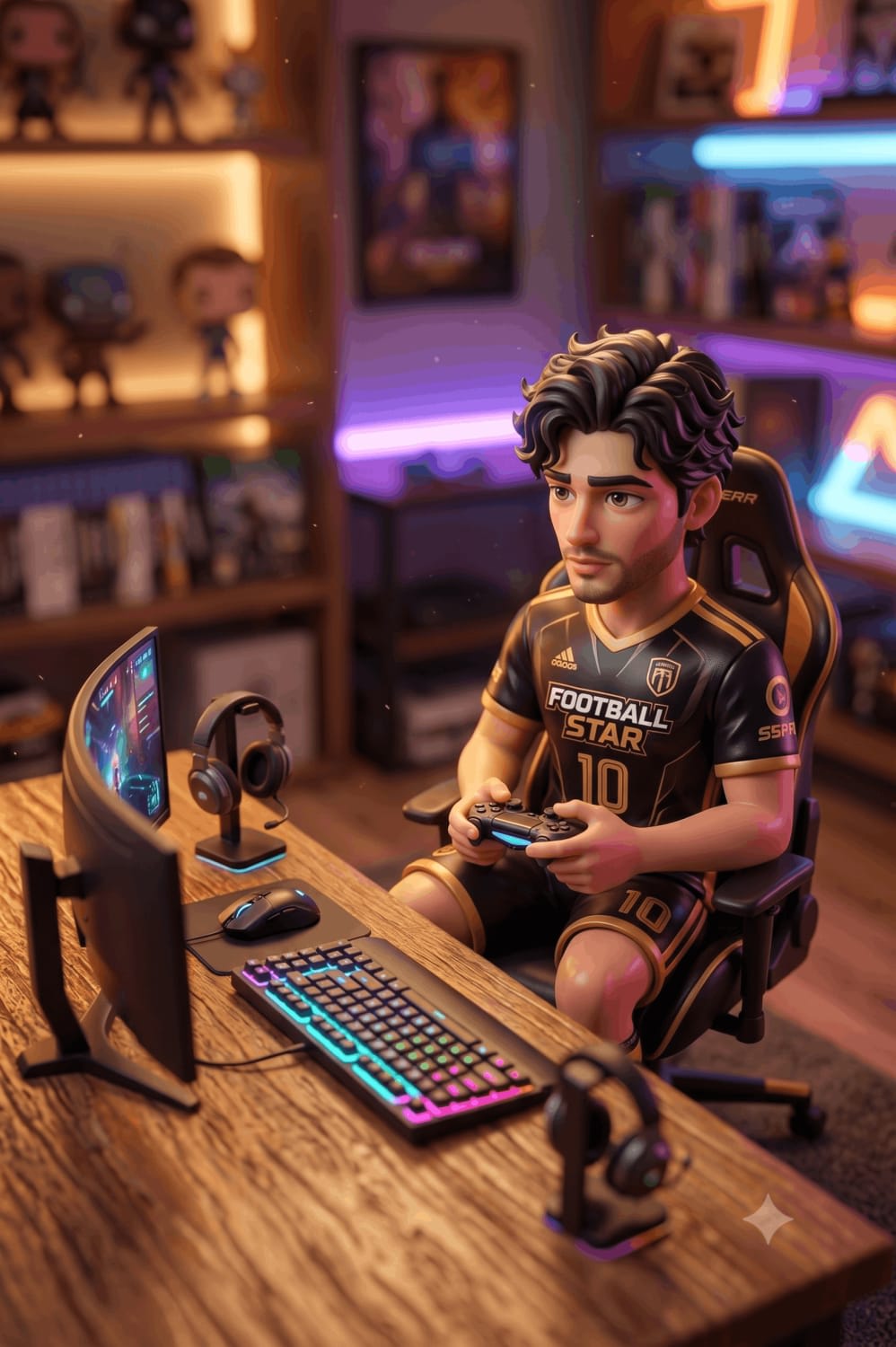 3D Chibi Football Gamer Figurine – in an open field, AI image made with Nano Banana Pro