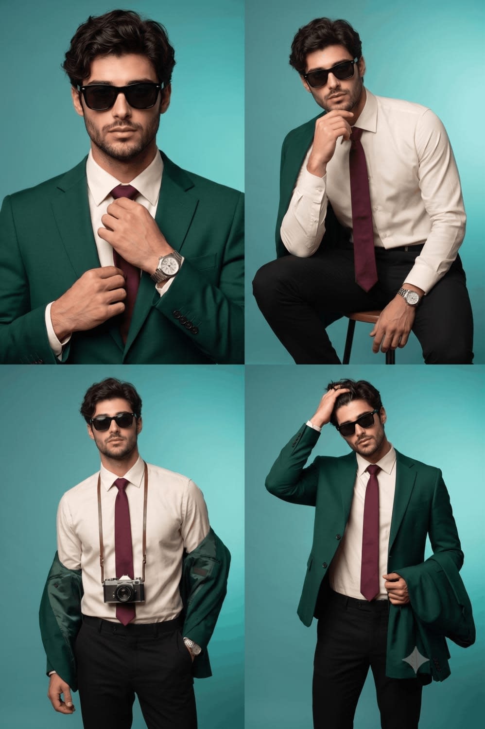 Emerald Blazer GQ Studio Editorial 2×2 Grid Portrait – in a photo studio, AI image made with Nano Banana Pro