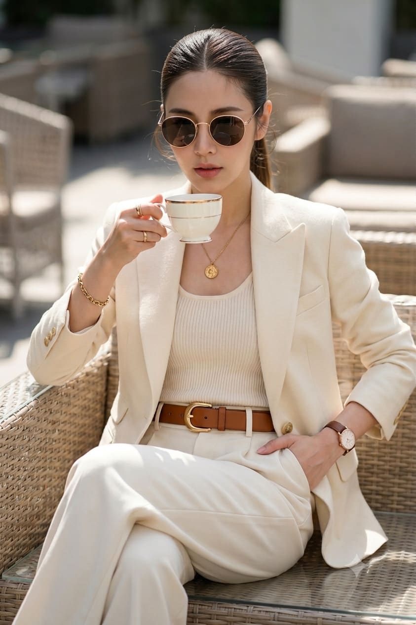 Quiet Luxury Cream Blazer Patio Editorial Portrait – woman in a blazer in an open field, AI image made with Nano Banana Pro