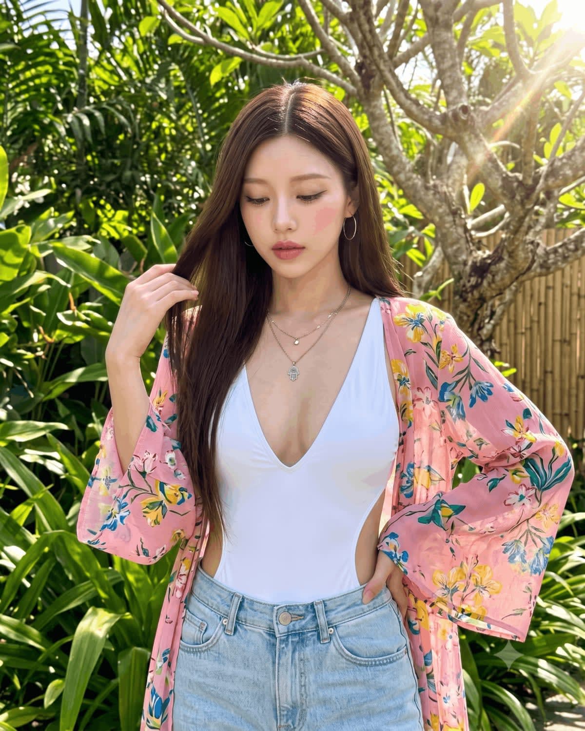 Tropical Kimono Swimsuit Vacation Editorial Portrait – woman in a swimsuit, AI image made with Nano Banana Pro