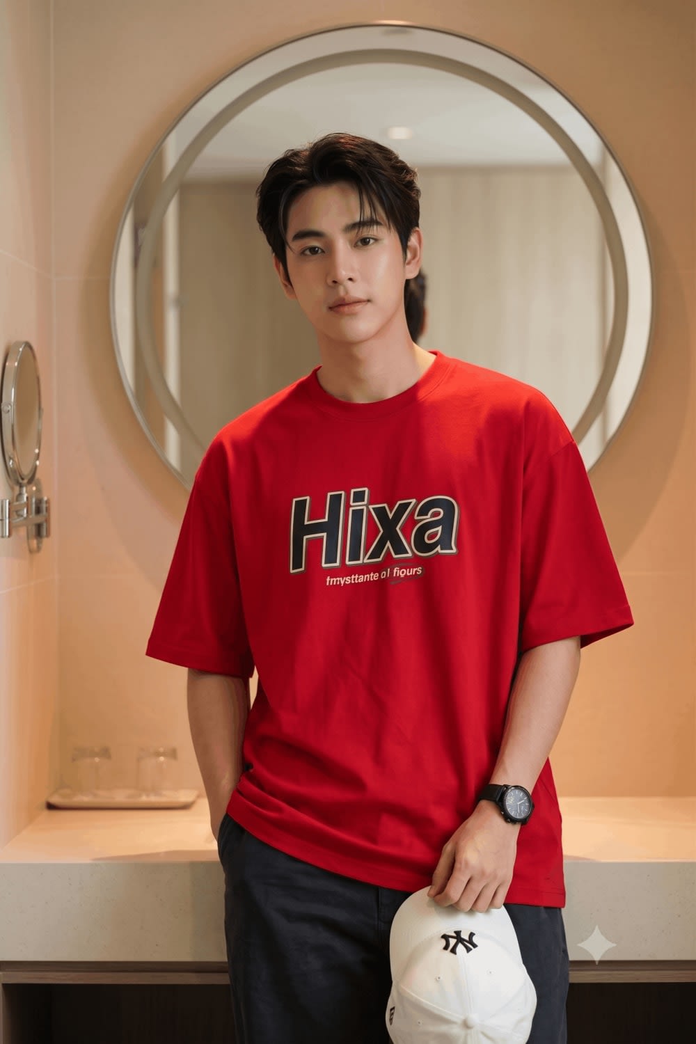 Oversized Graphic Tee Bathroom Mirror Streetwear Portrait – man in a t-shirt in a bathroom, AI image made with Nano Banana
