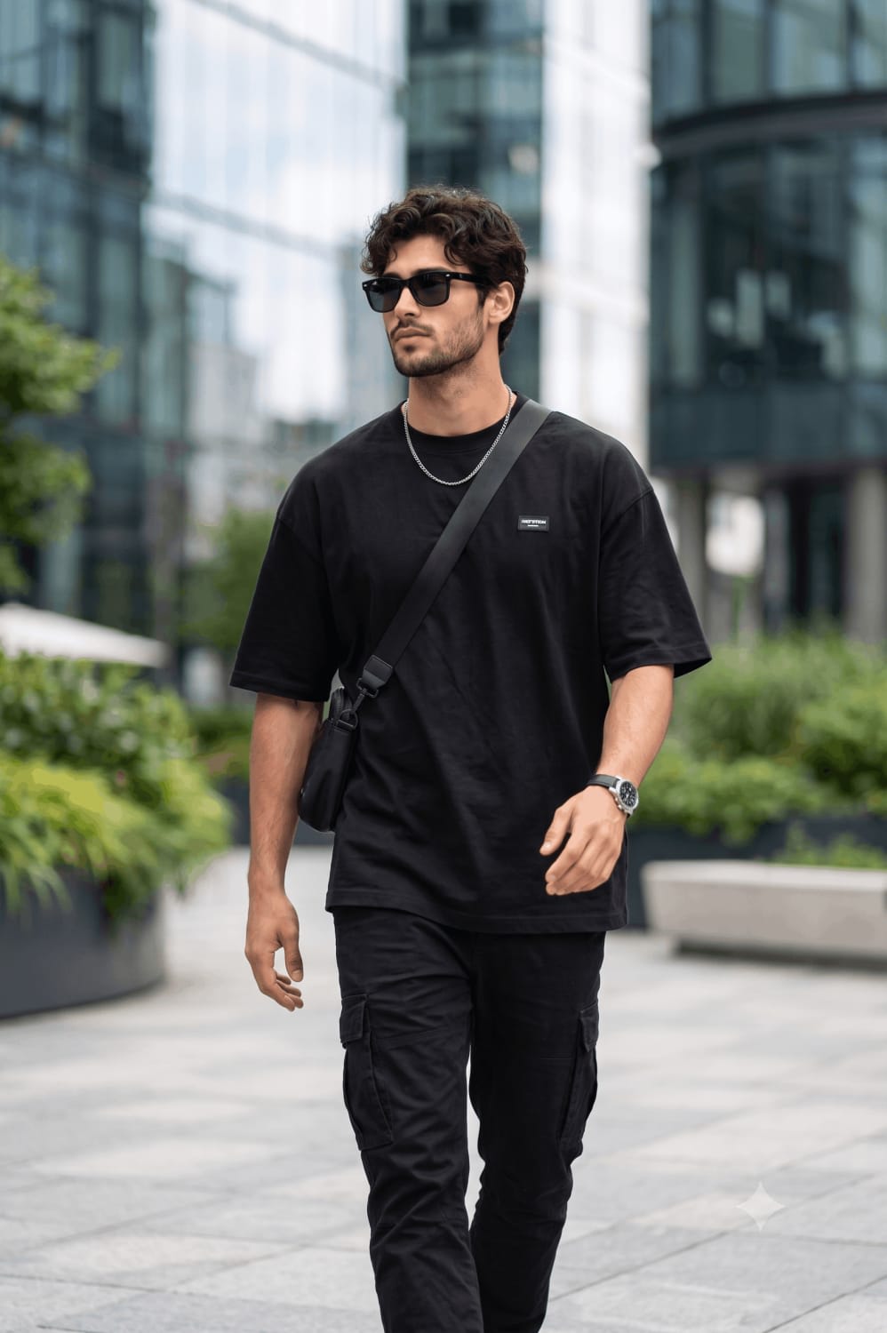 Urban Walking Streetwear Editorial Full Body Portrait – man in a t-shirt in an open field, AI image made with Nano Banana Pro