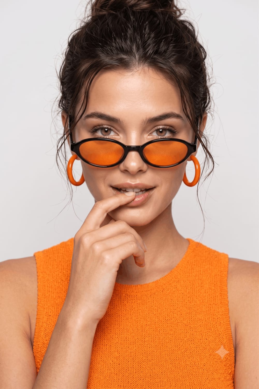 Vibrant Orange Beauty Glam Close-Up Editorial Portrait – woman in sunglasses in a photo studio, AI image made with Nano