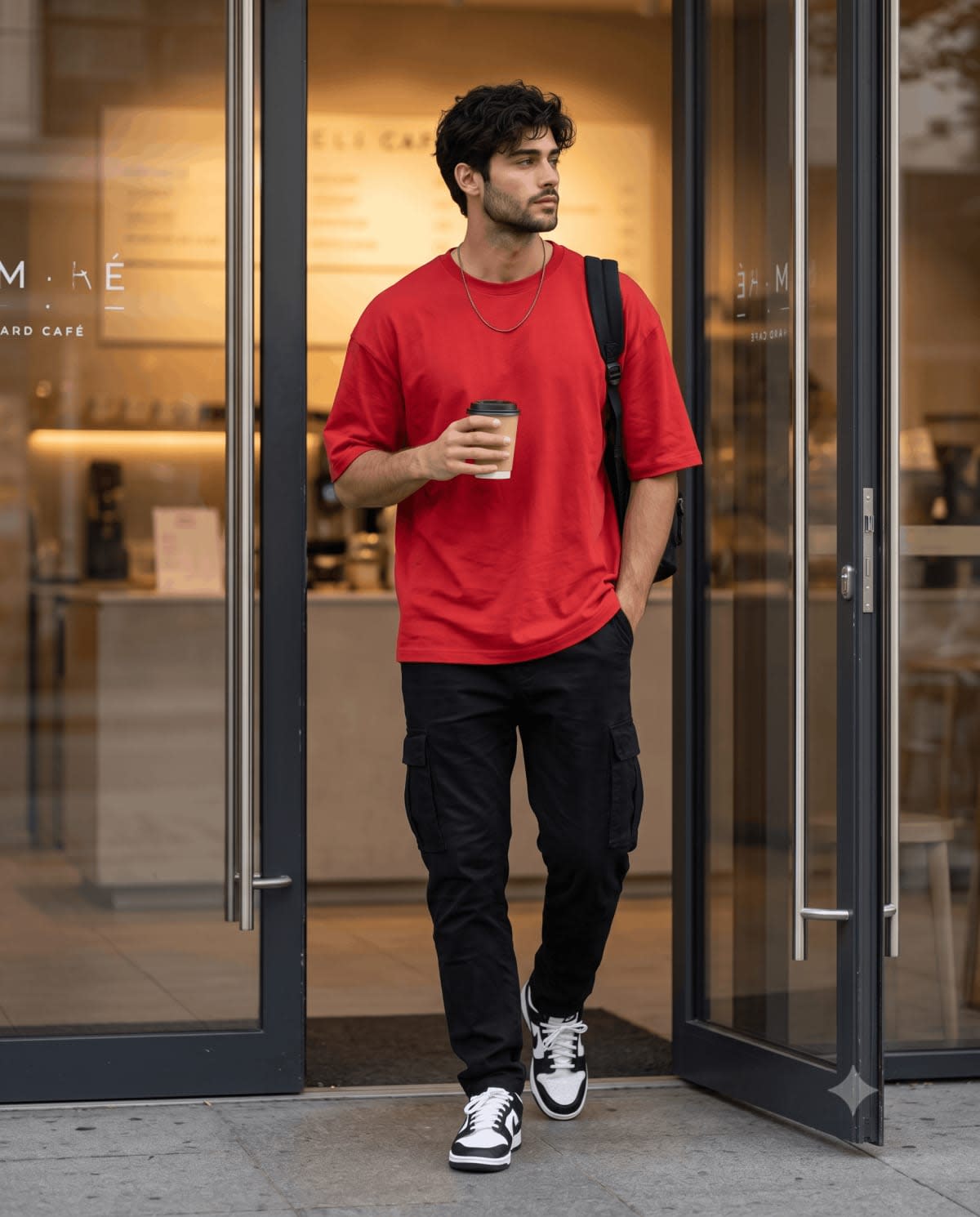 Urban Café Walk-Out Street Style Portrait – man in a t-shirt in a city street, AI image made with Nano Banana Pro