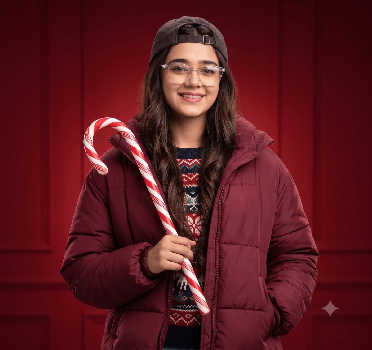 Festive Candy Cane Studio Portrait, Customizable Jacket Color – in a photo studio, AI image made with Nano Banana Pro