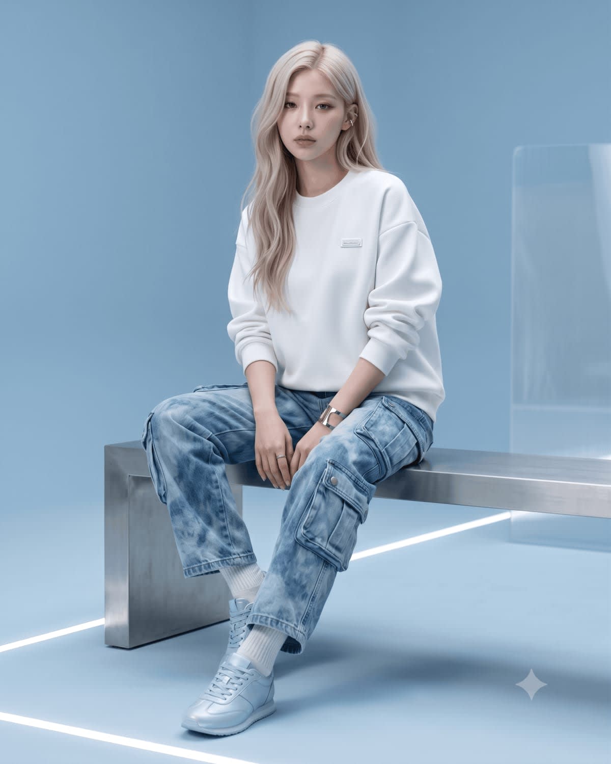 Futuristic Sky-Blue Studio Editorial Portrait – woman in a photo studio, AI image made with Nano Banana Pro