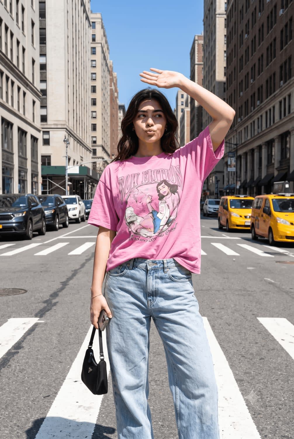 Midday NYC Crosswalk Street Style Portrait – woman in denim in a city street, AI image made with Nano Banana Pro
