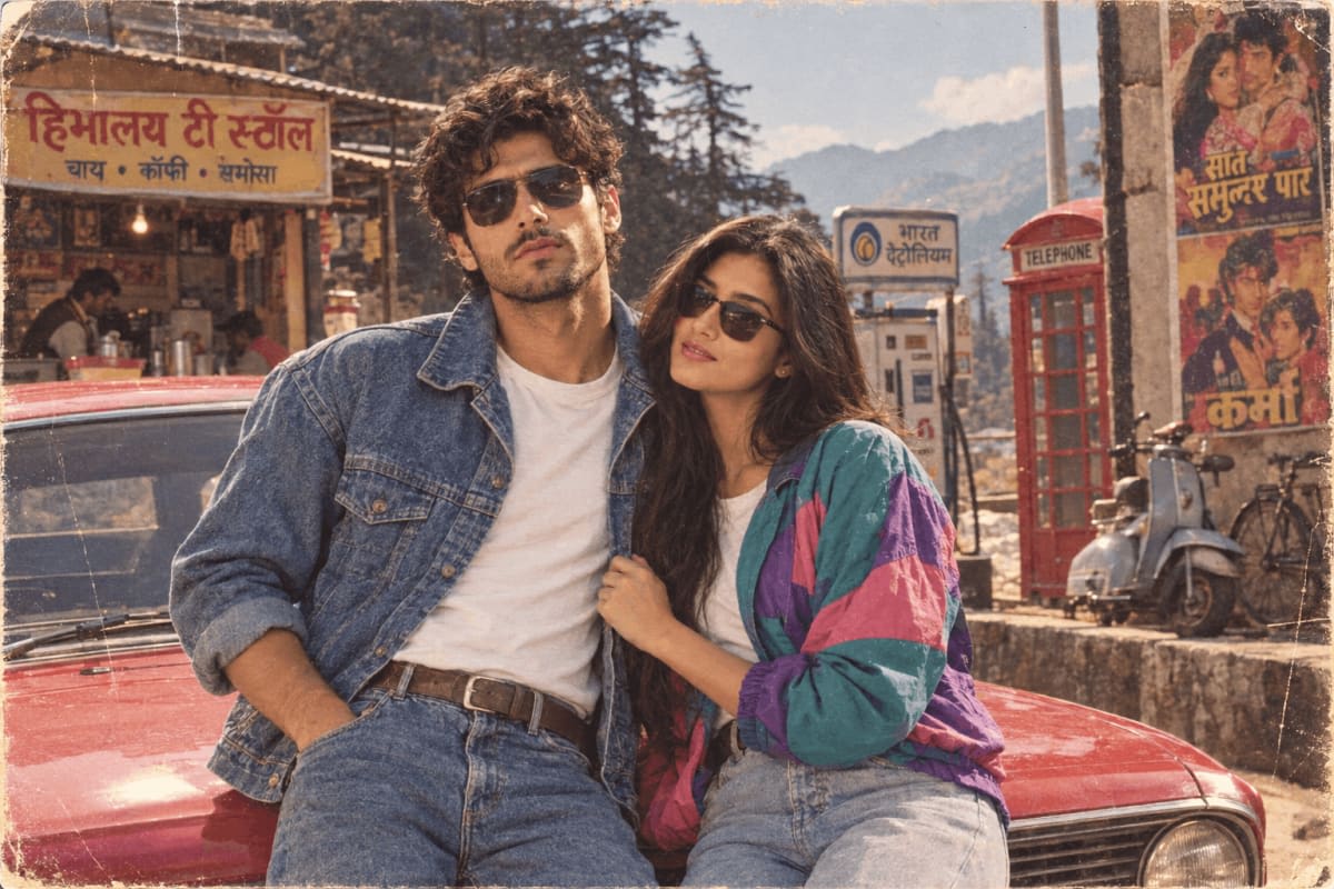 1980s Bollywood Vibes Couple — Retro Hill Station – couple, AI image made with ChatGPT