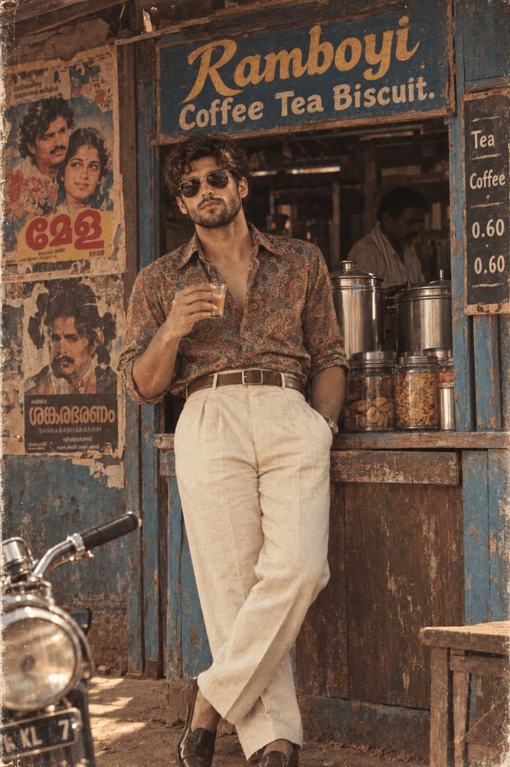 1980s Kerala Tea Stall Vibes — Vintage Indian Portrait – man in sunglasses, AI image made with ChatGPT