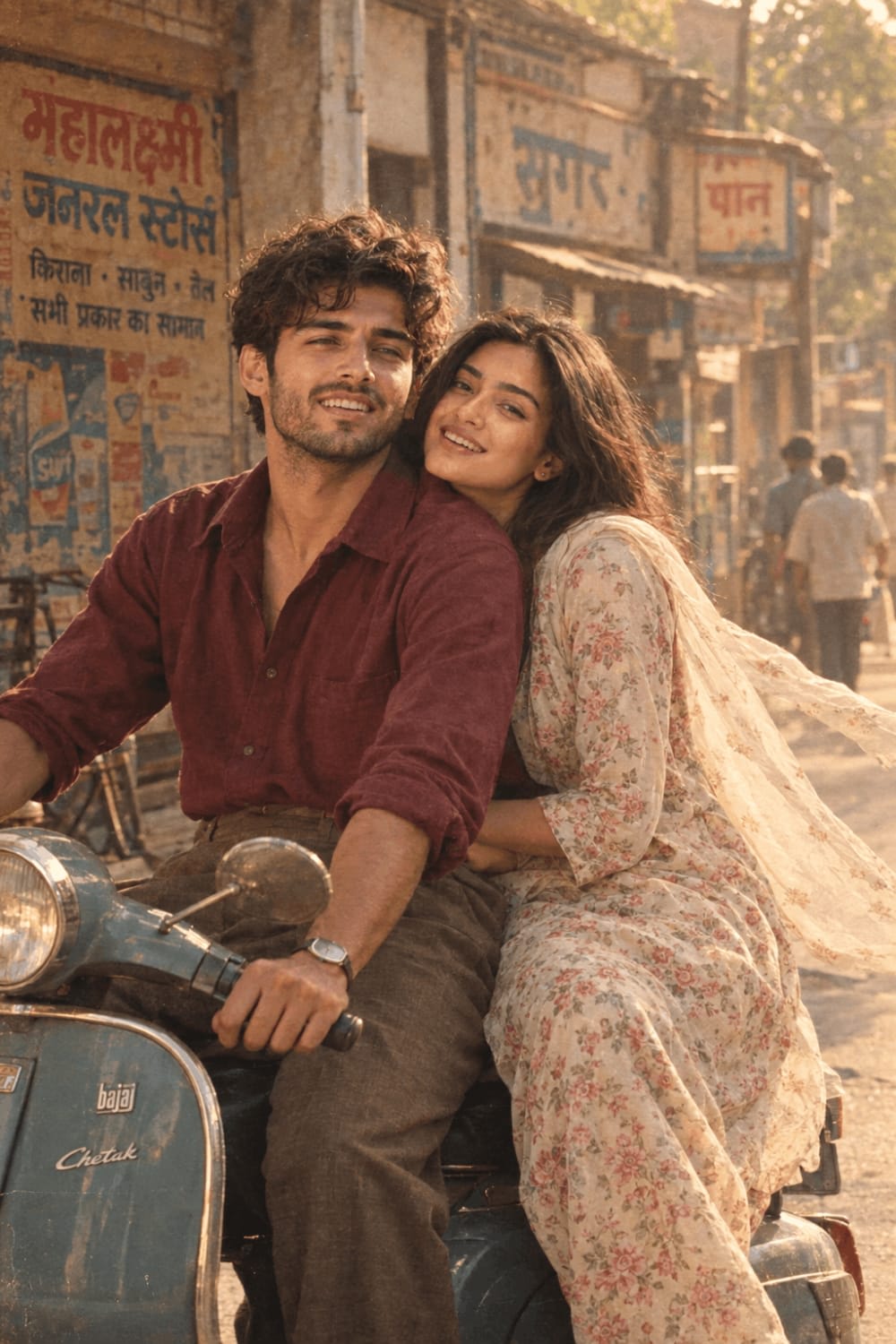 1990s BKT Couple — Vintage Indian Scooter Photo – couple in a photo studio, AI image made with ChatGPT