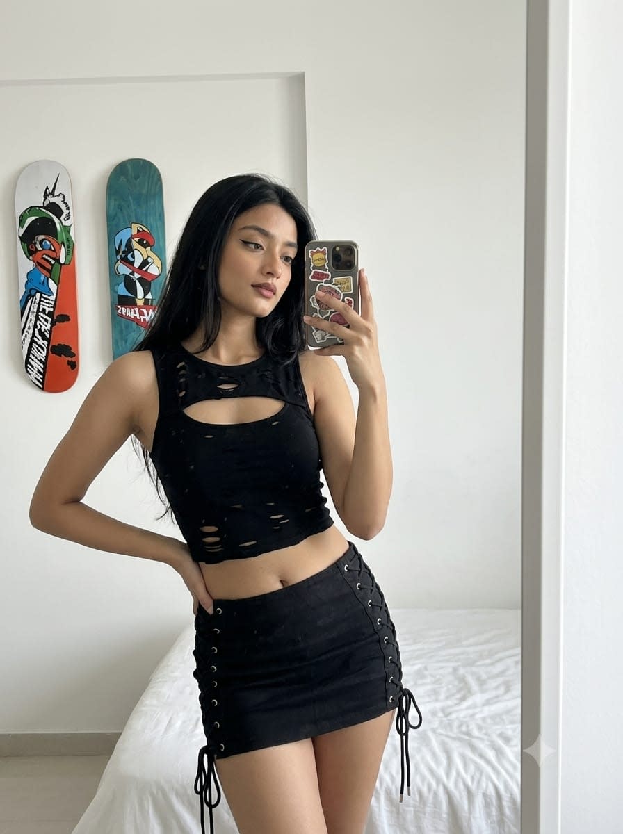 Skater Girl Mirror Selfie – woman in a crop top in a bedroom, AI image made with Nano Banana Pro