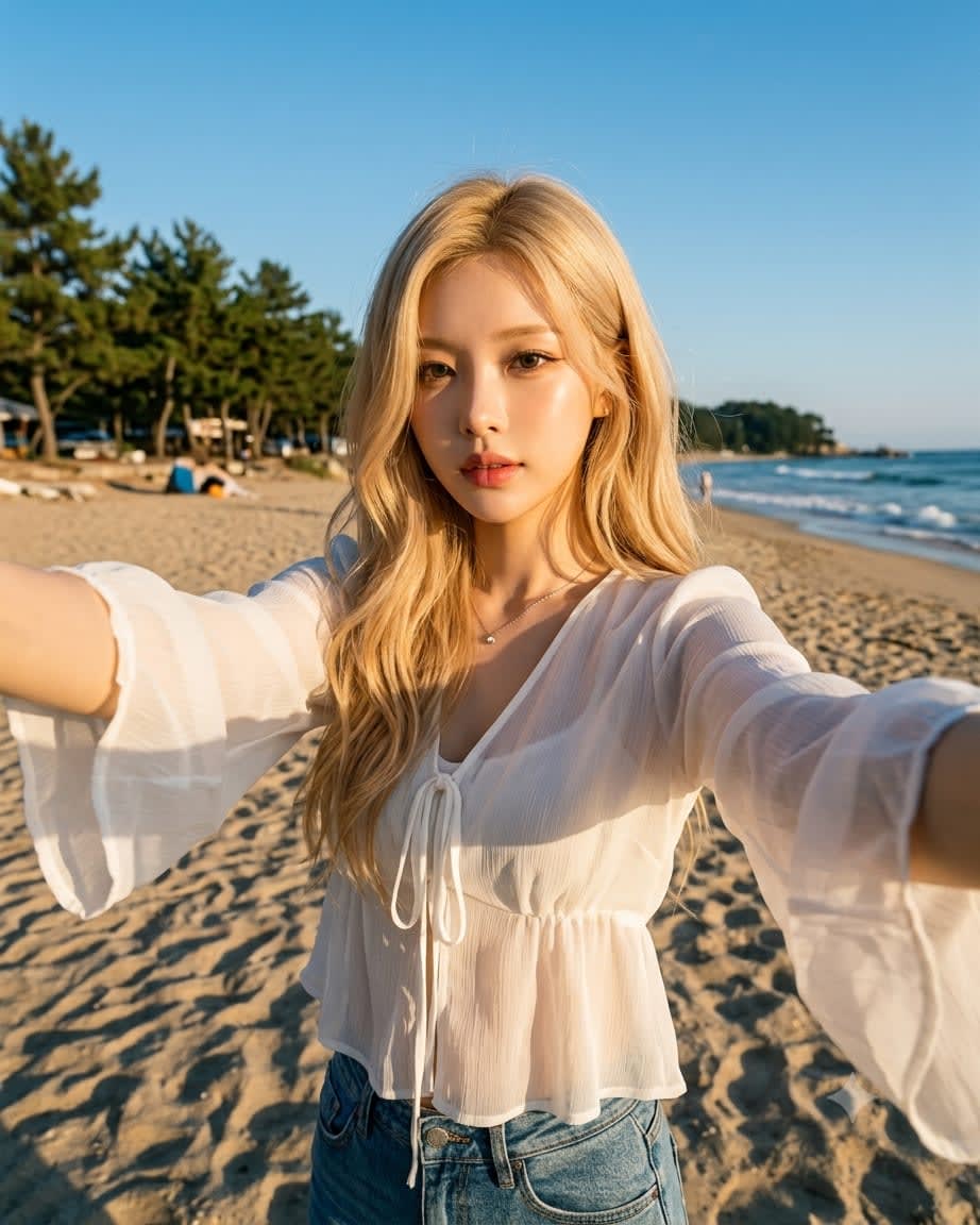 Golden Hour Beach Selfie Look – woman in denim in a beach, AI image made with Nano Banana Pro